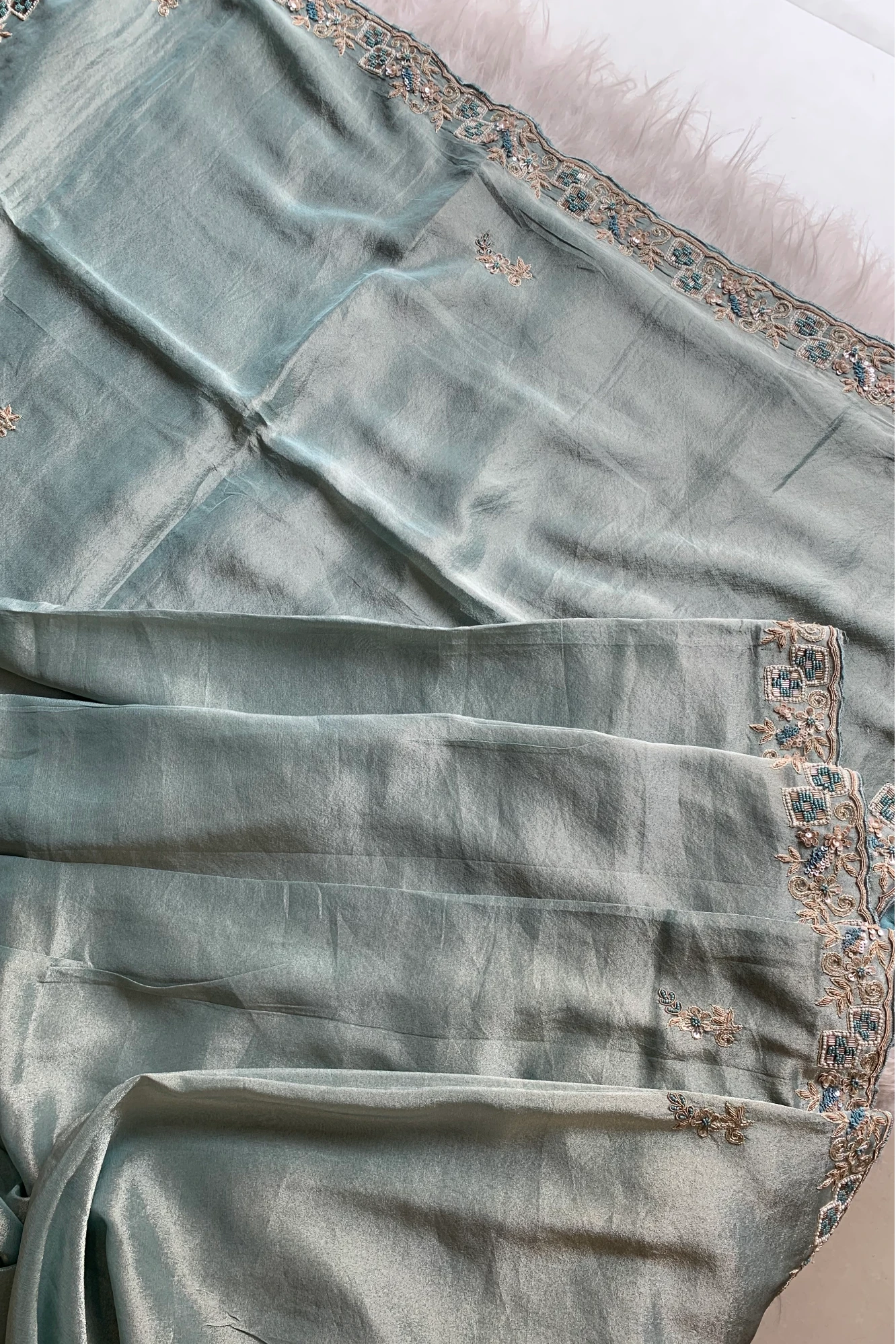 Sea Green Embellished Tissue Saree 5760 01