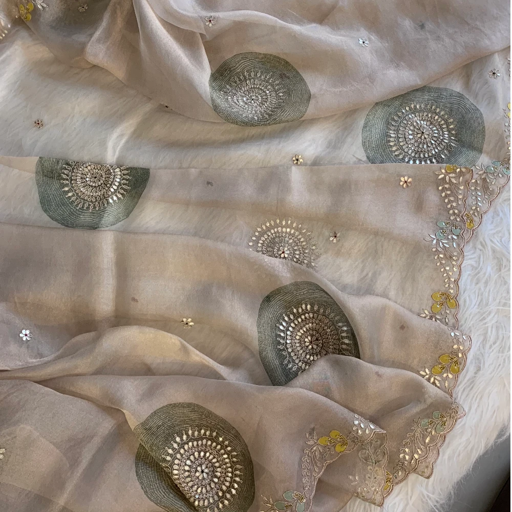 Gota Patti Organza Saree with Tie Dye Effect (beige+Green) 5838 01