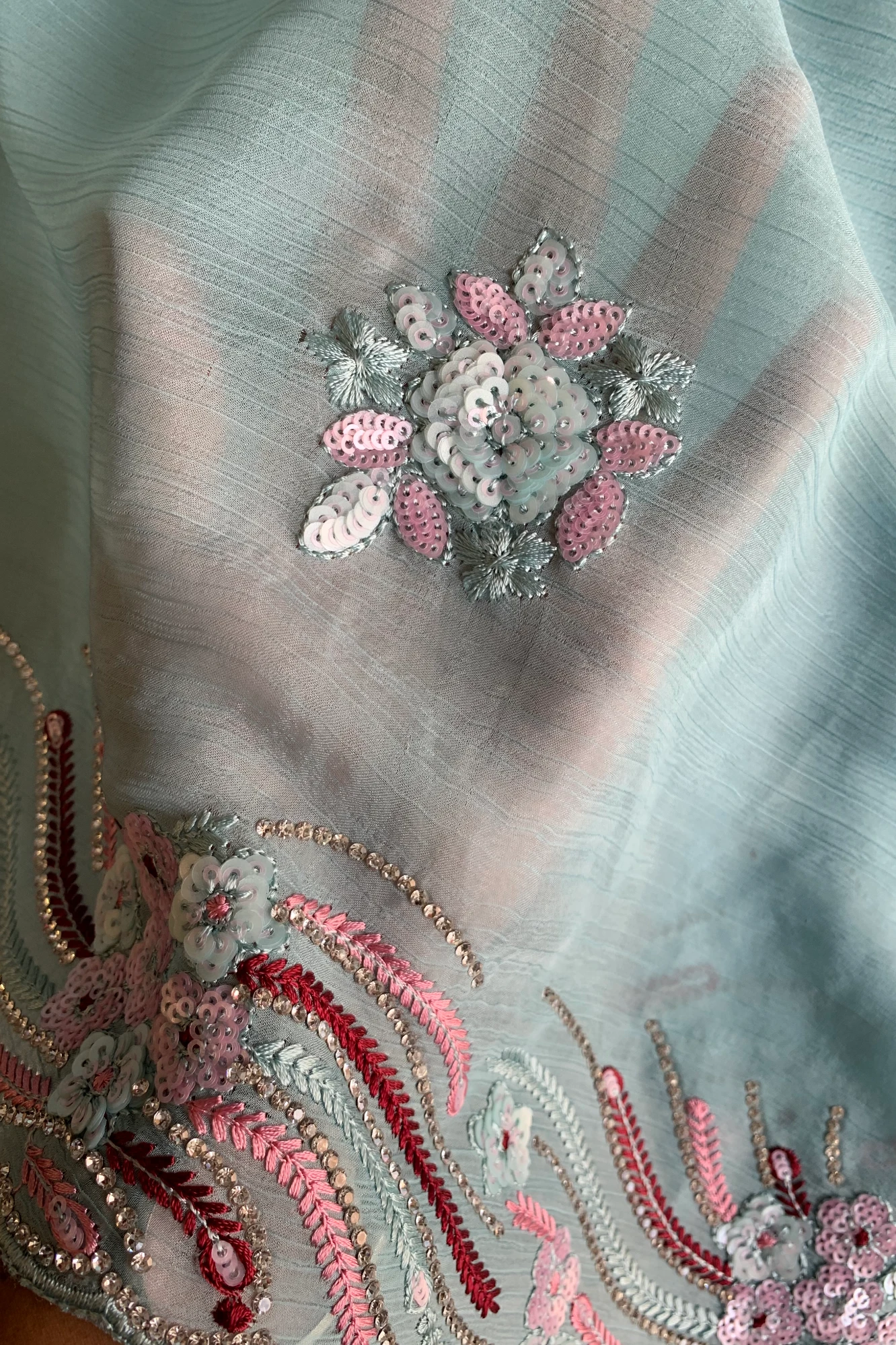 Sea Blue Embroidered Chinnon Georgette Saree 4894 01