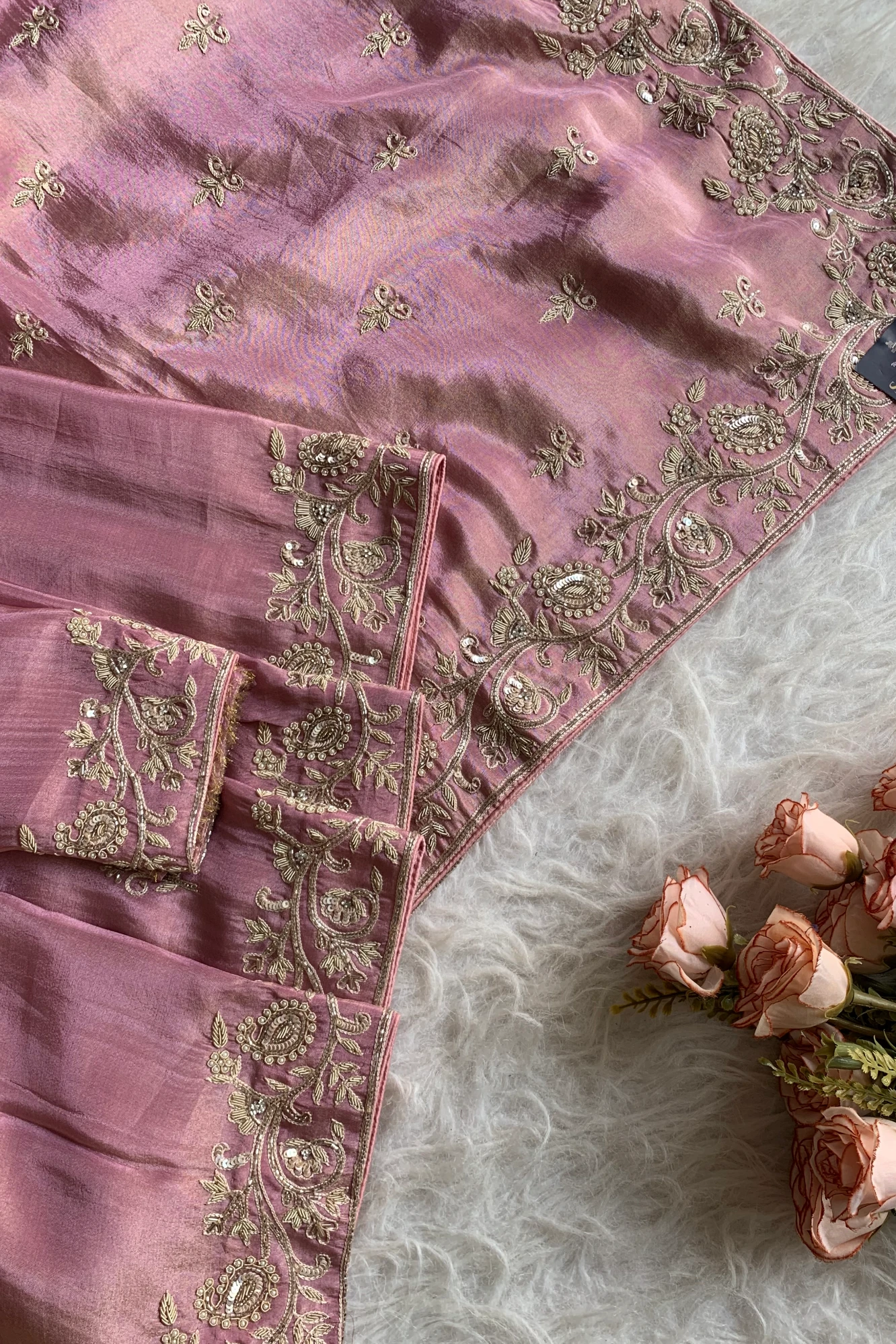 Onion Pink Embellished Tissue Saree 5792 02