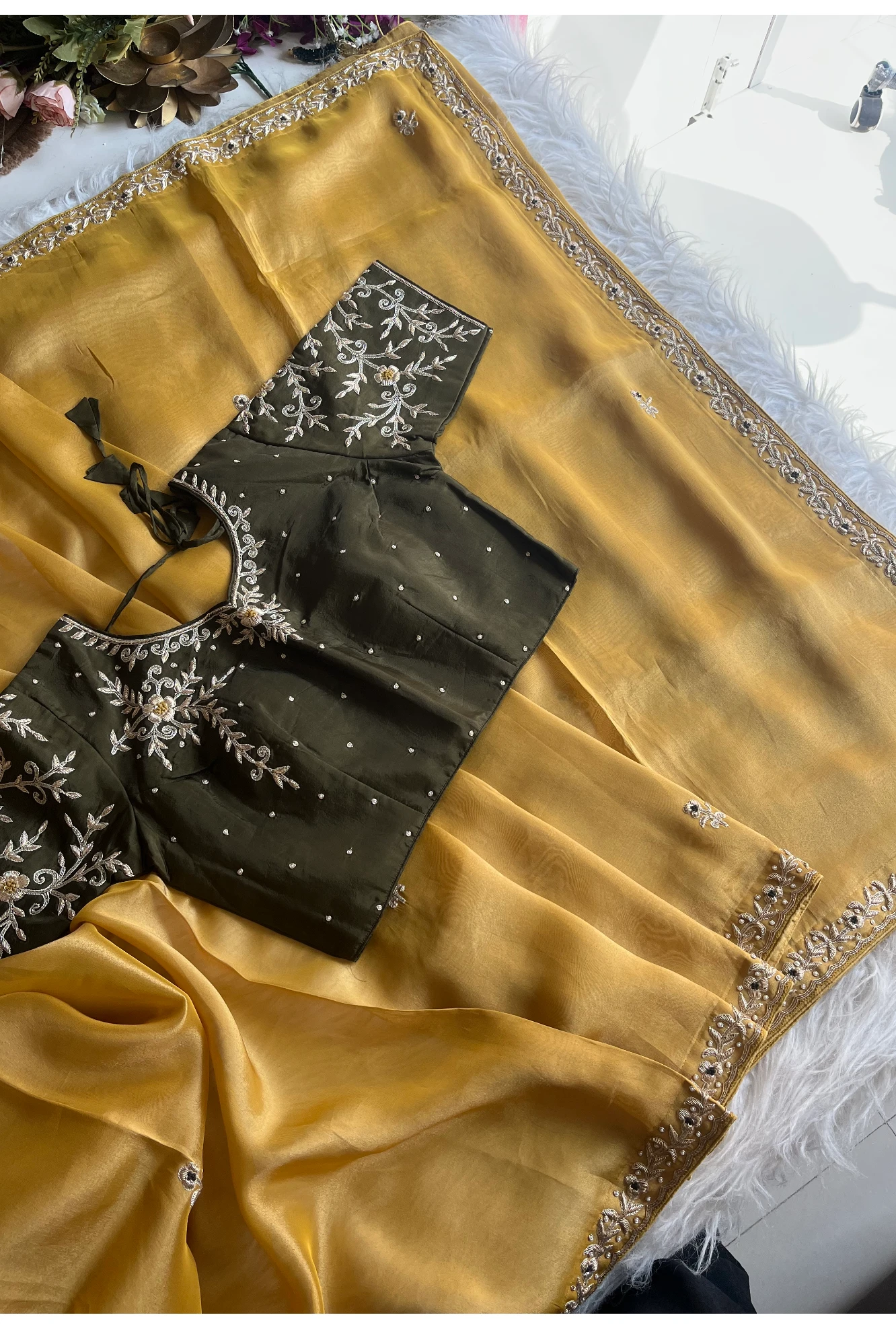 Dull Mustard Yellow Tissue Saree with Zardosi Border & Green Blouse 5525 09