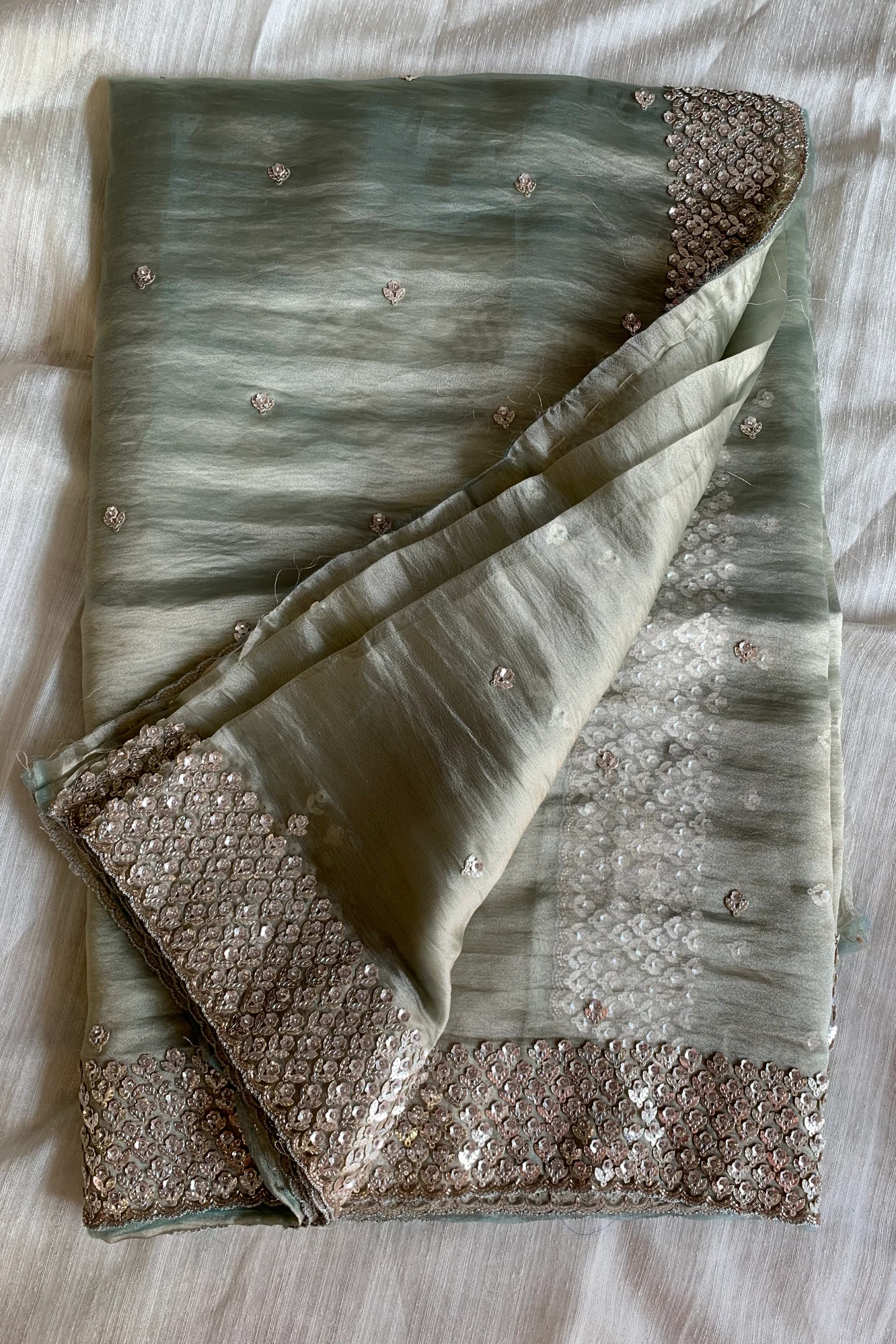 Sage Green Embellished Butter Organza Saree 5847 01