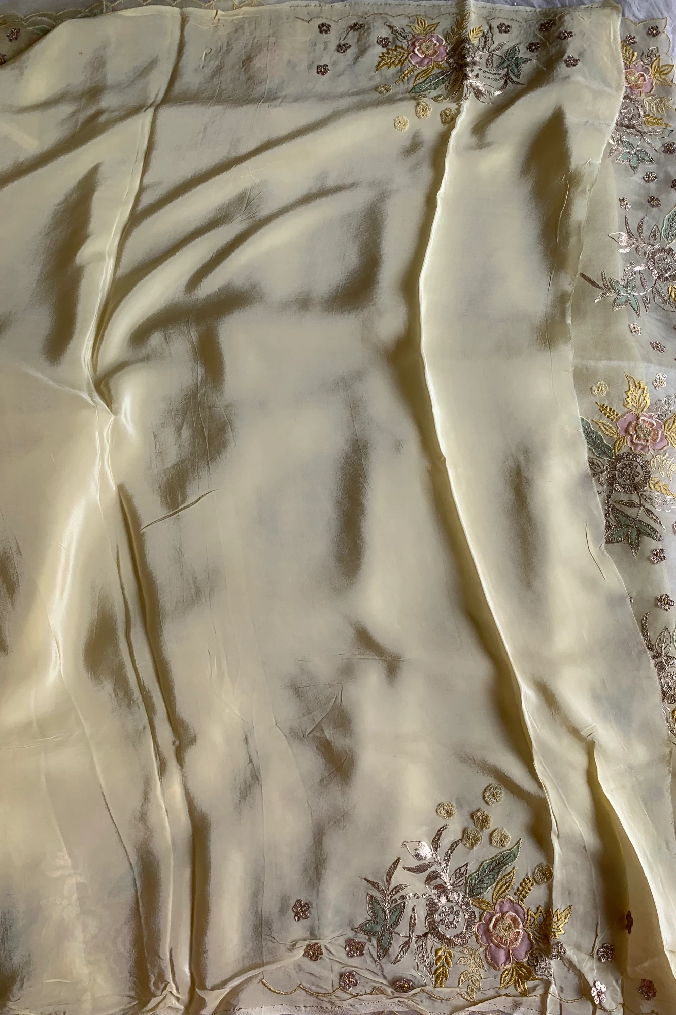 Lemon Yellow Aari Embellished Silk Organza Saree 5844 02