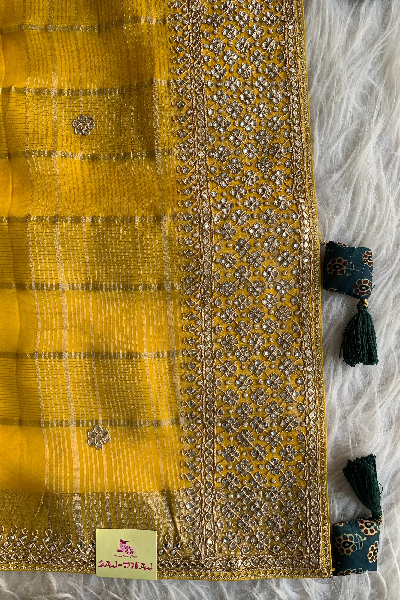 Yellow Banarasi Silk Saree with Green Ajrakh Blouse 5272 09