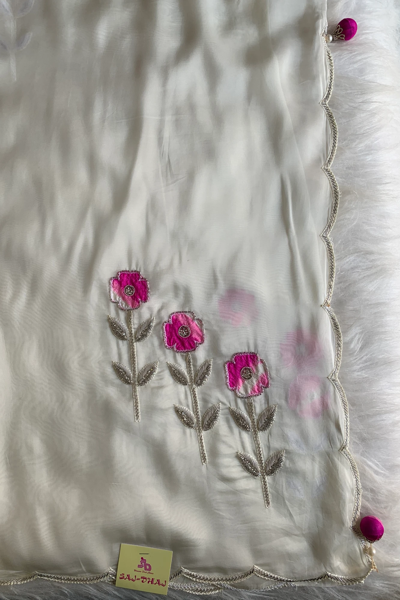 White Embellished Habutai Silk Saree 5374 02