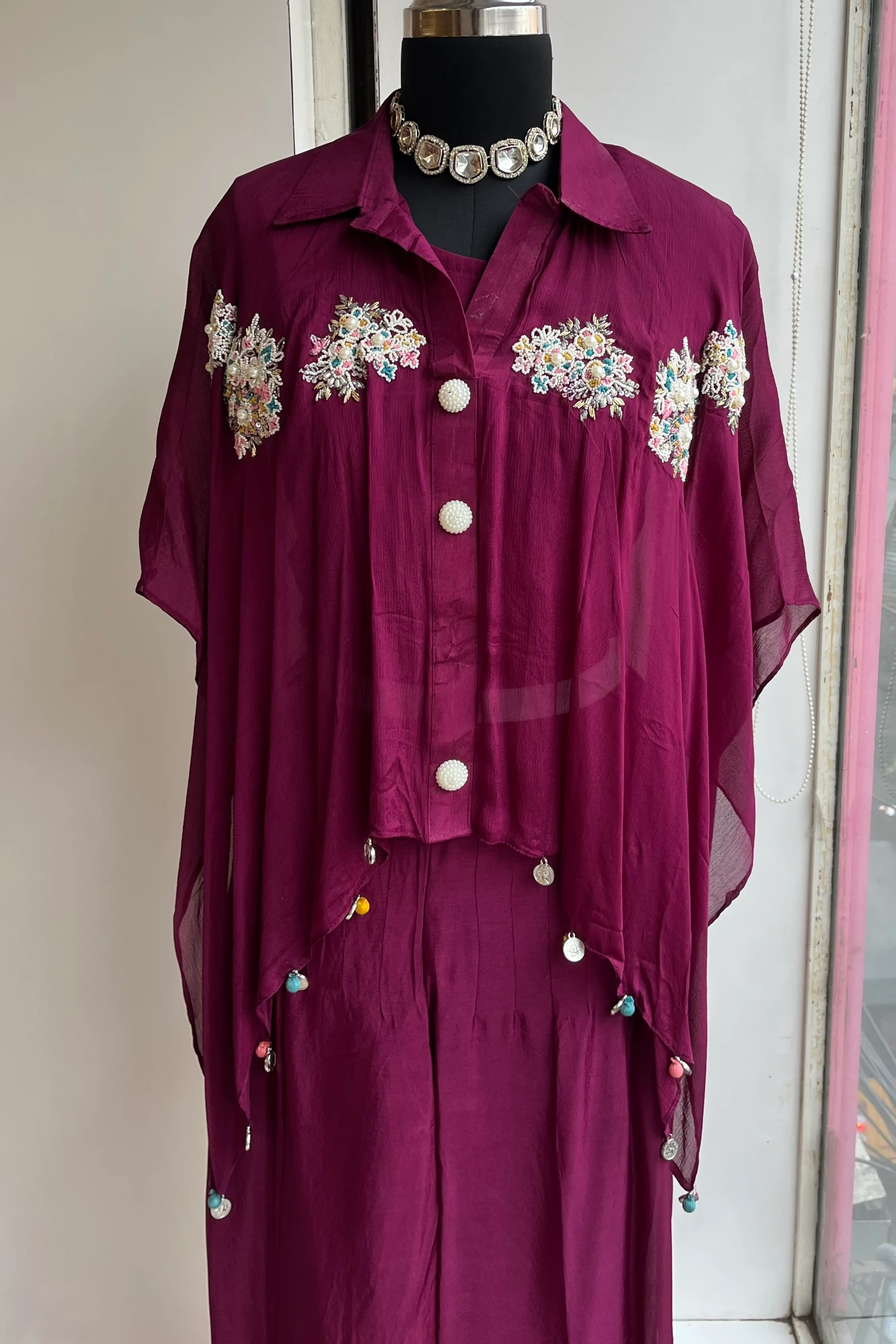 Burgundy Co-Ord Set with Beads & Pearls 5208 03 (40)