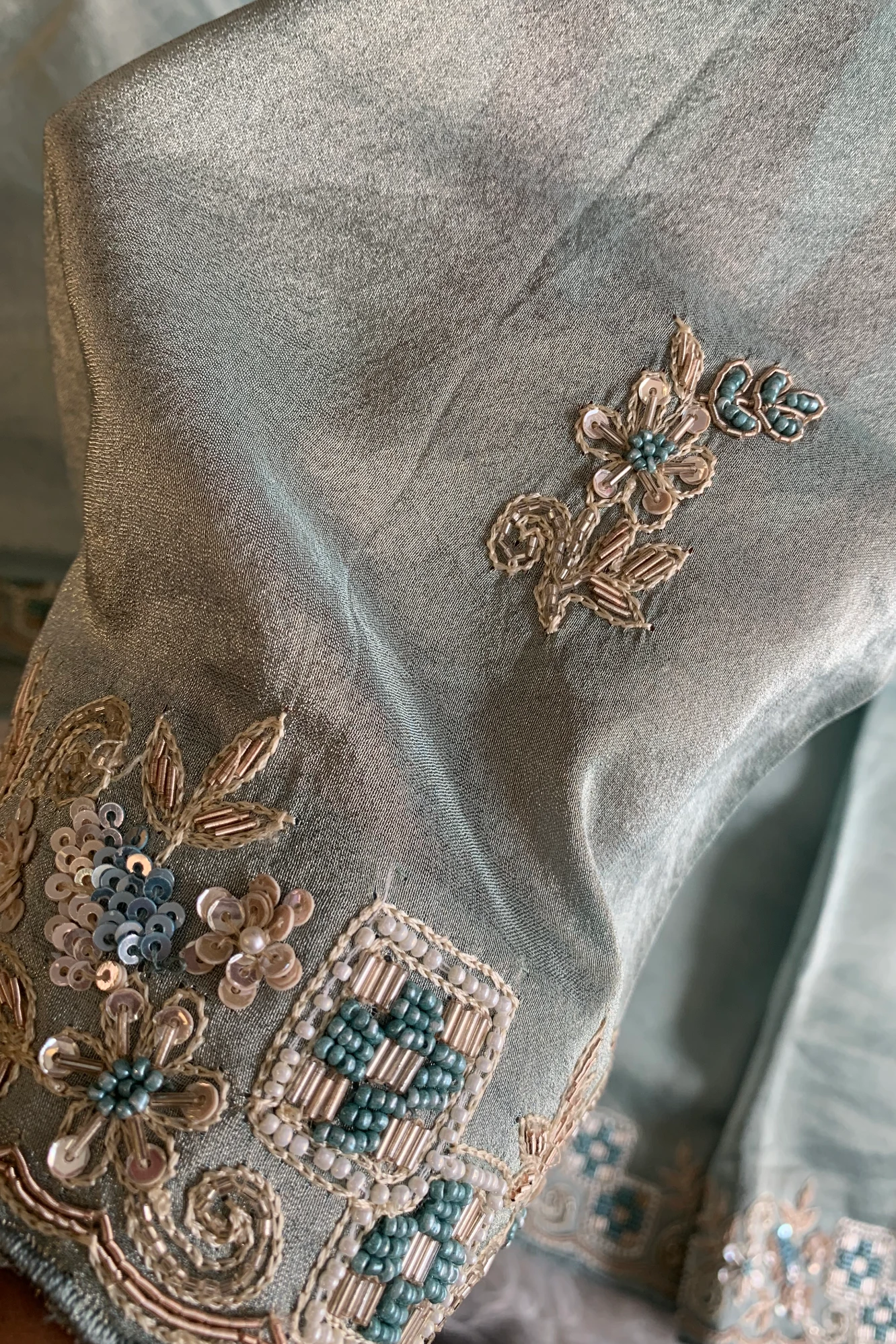 Sea Green Embellished Tissue Saree 5760 01