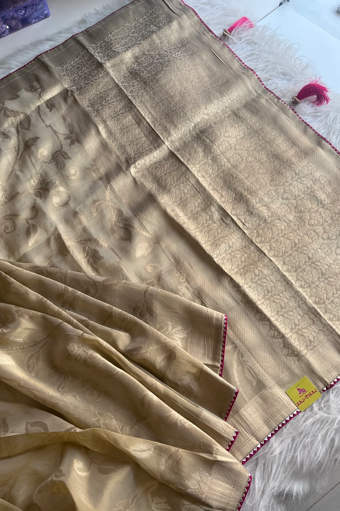 Beige Banarasi Saree with Red Jamawar Blouse