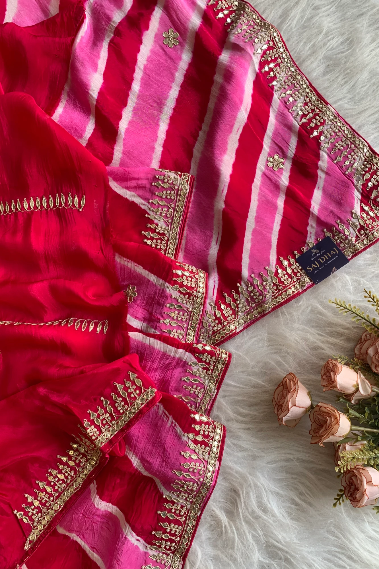 Pink Jaal Leheriya Habutai Silk Saree 5846 02
