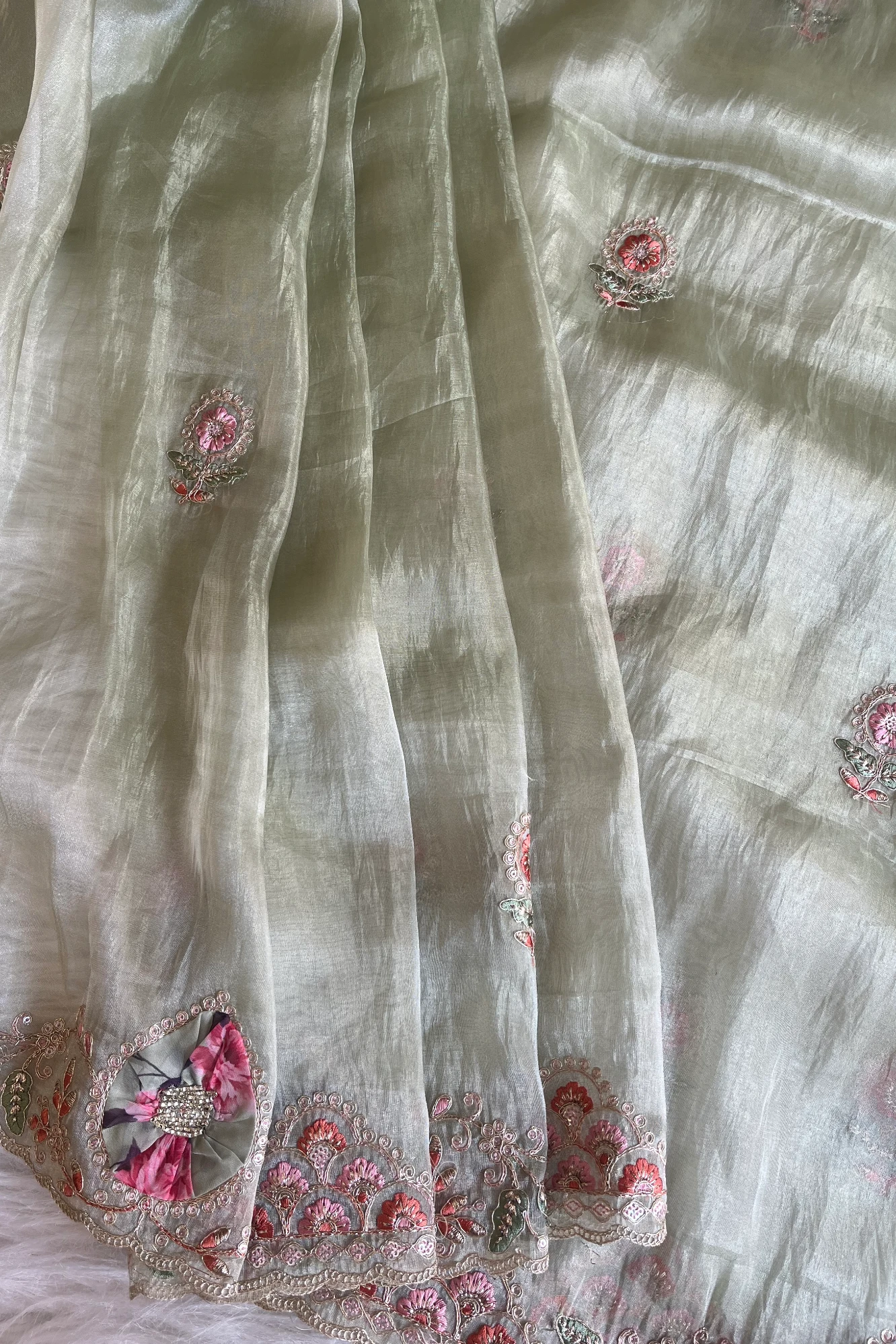 Mint Green Tissue Organza Saree with Dori & Appliqué Work 5727 09