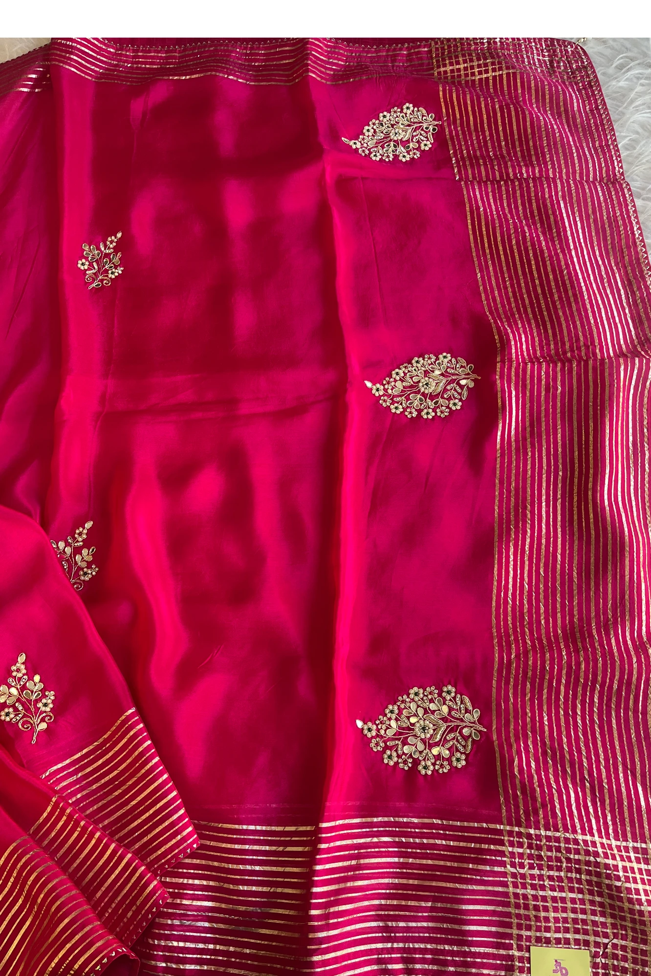 Habutai Silk Saree with Pearl Cutdana Buttis & Banarasi Border  | Matching Blouse 5440 01 (Pink)