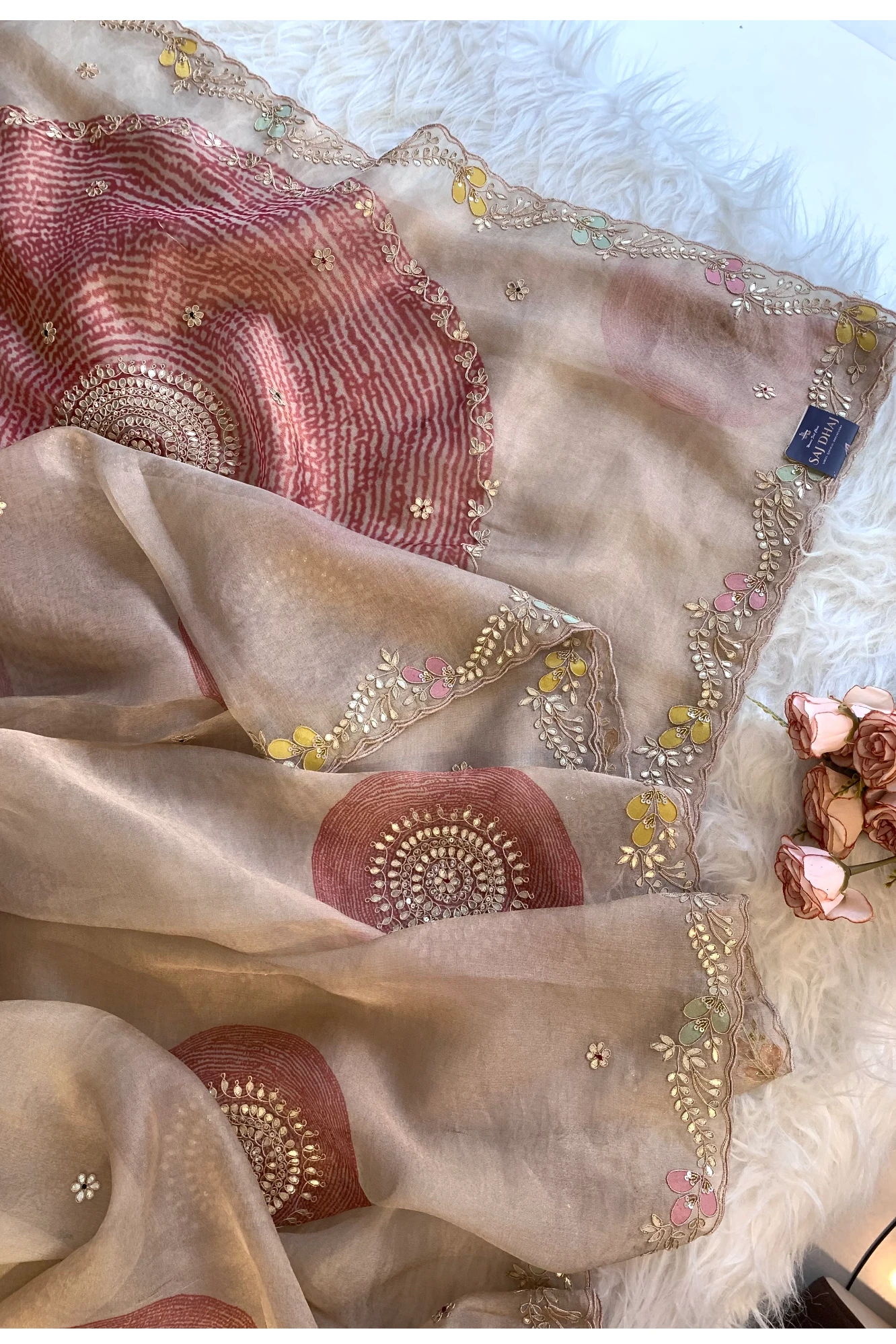 Gota Patti Organza Saree with Tie Dye Effect (beige+Pink) 5838 01