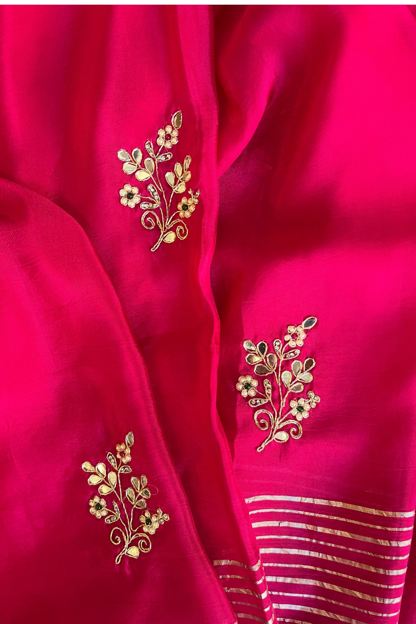 Habutai Silk Saree with Pearl Cutdana Buttis & Banarasi Border  | Matching Blouse 5440 01 (Pink)