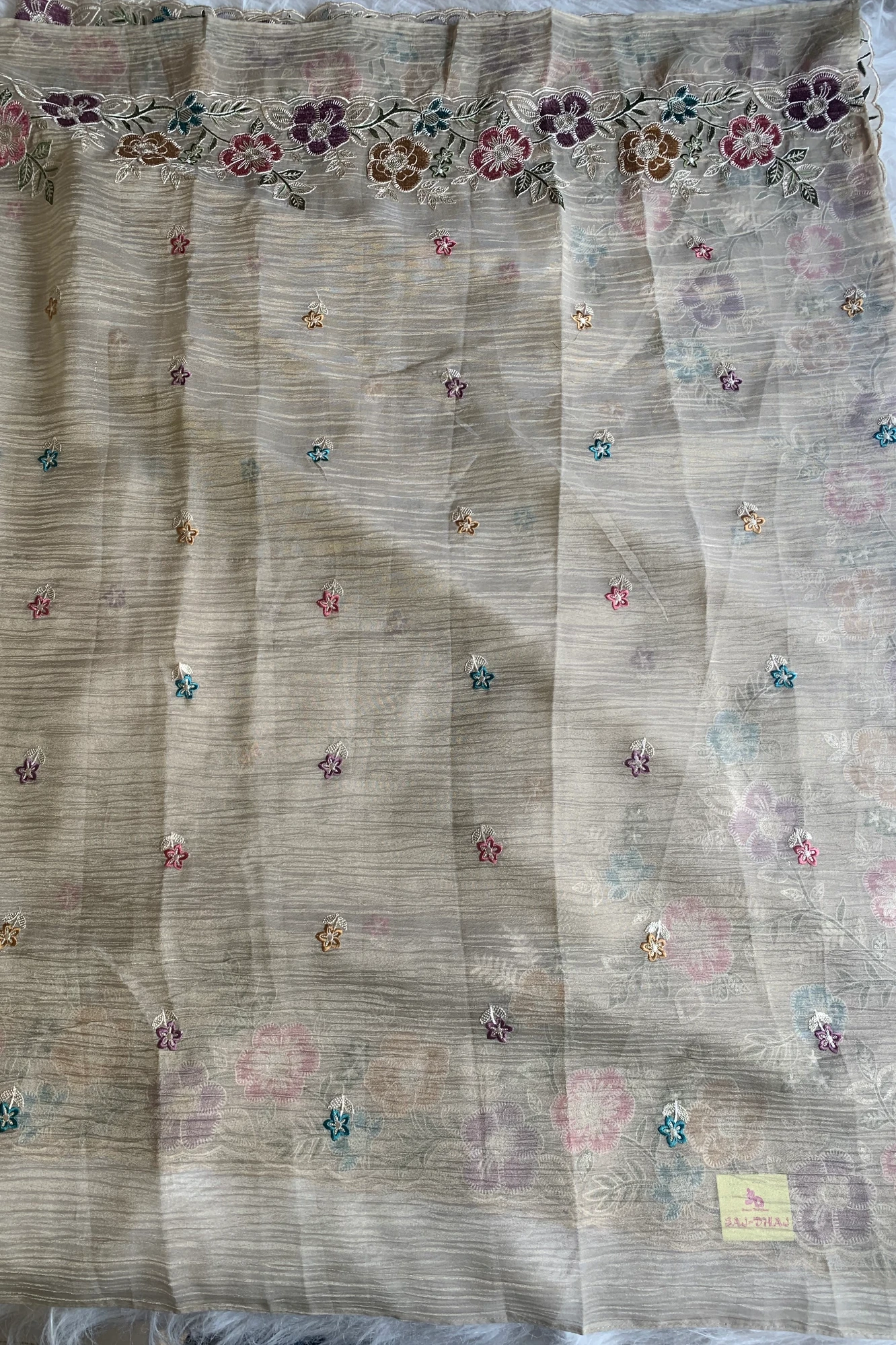Cream Crush Tissue Organza Floral Saree 5773 04