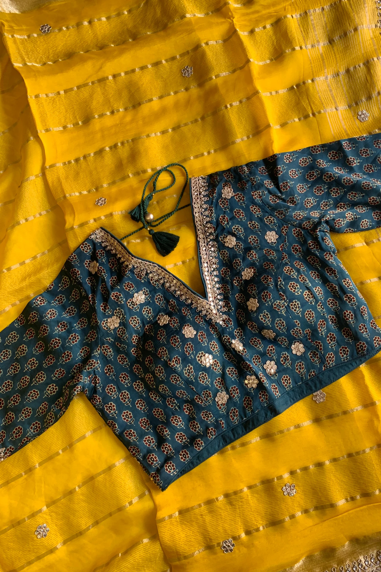 Yellow Banarasi Silk Saree with Green Ajrakh Blouse 5272 09