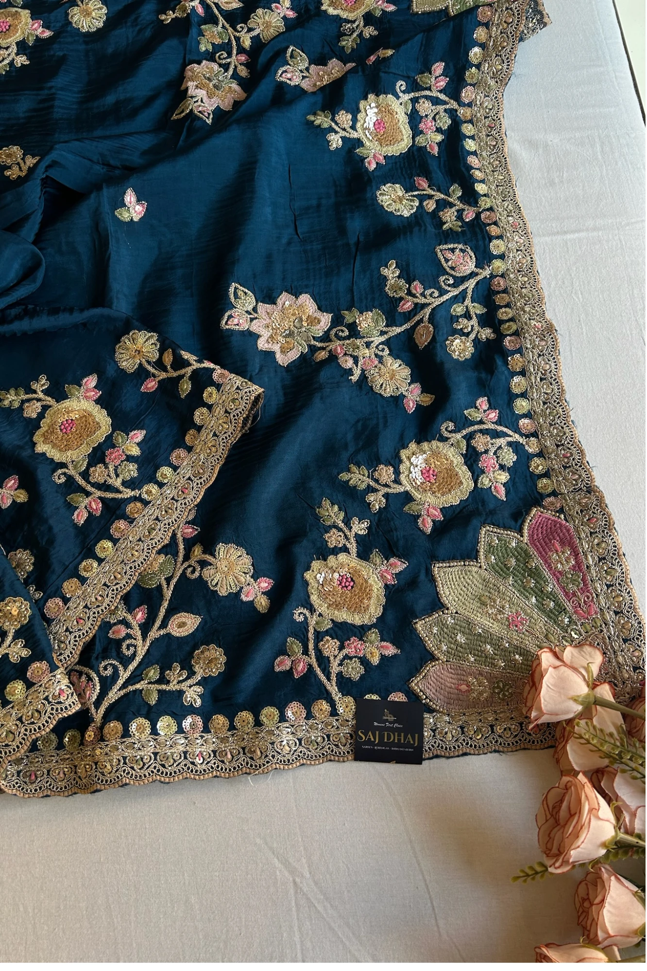 Peacock Blue Saree with Multicolour Embroidery 5786 01