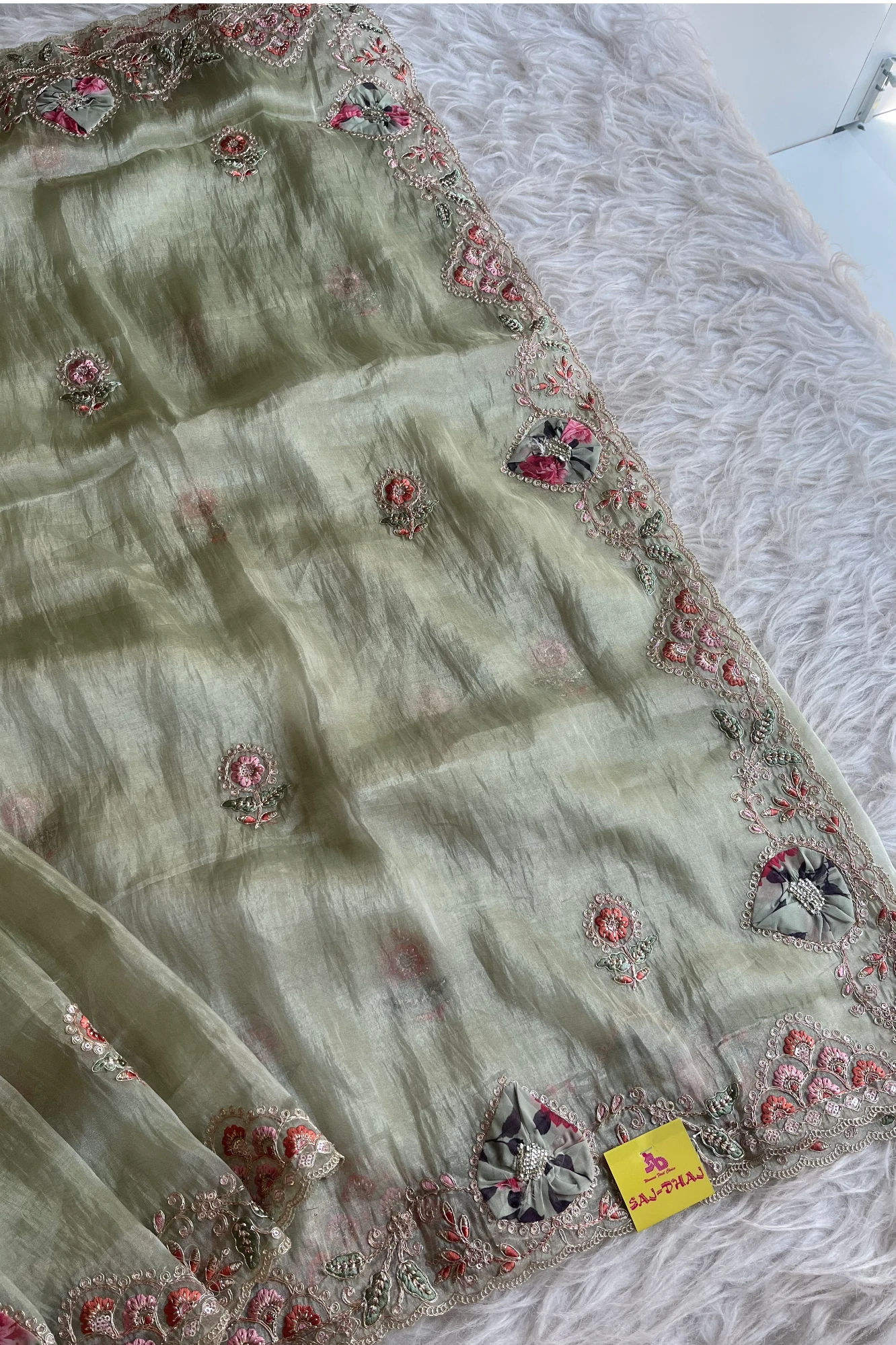 Mint Green Tissue Organza Saree with Dori & Appliqué Work 5727 09