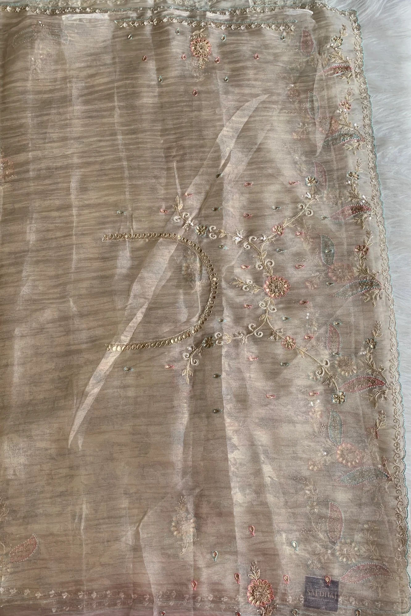 Beige Embellished Crush Organza Saree 5850 11