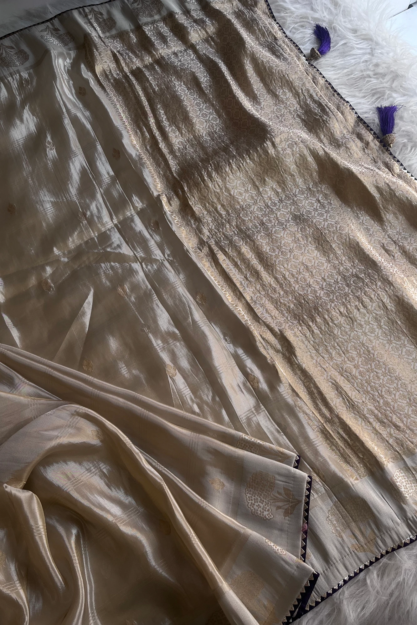 Ivory Banarasi Saree with Purple Jamawar Blouse