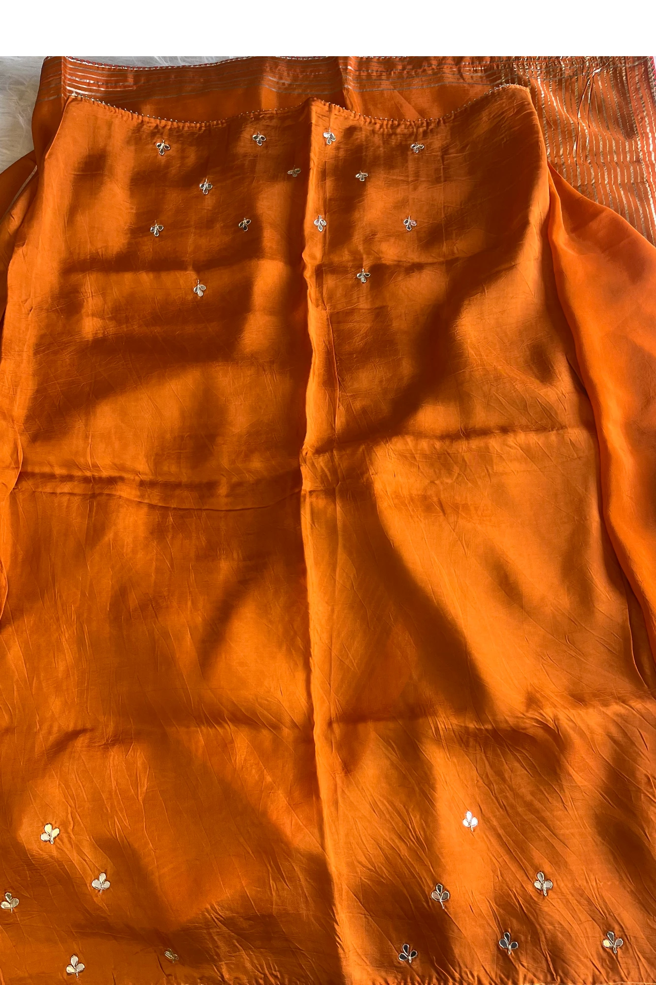 Habutai Silk Saree with Pearl Cutdana Buttis & Banarasi Border  | Matching Blouse 5440 01 (Rust orange)