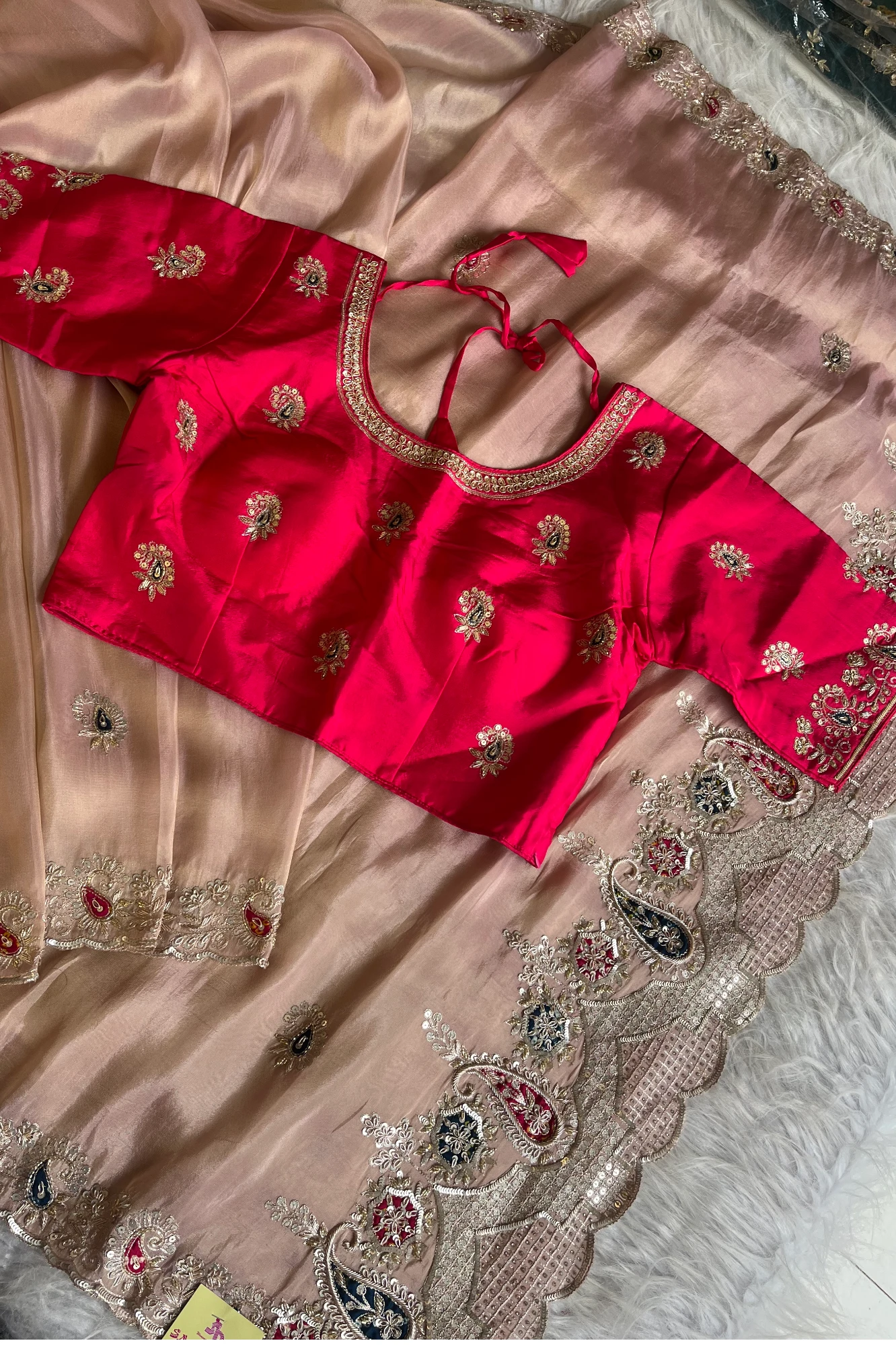 Blush Pink Tissue Saree with Heavy Pallu - Pre Stitched Blouse 5359 06