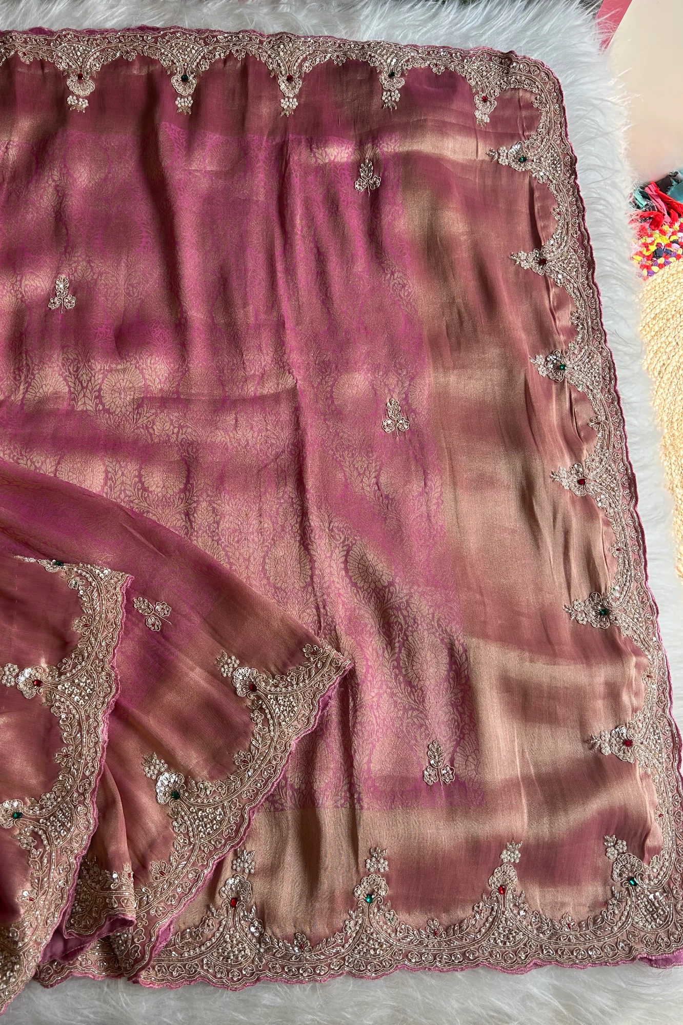 Kanchipuram Silk Saree with  Weaving, Zardosi, Sequins & Gem Embellishments 5650 12 (Pink)