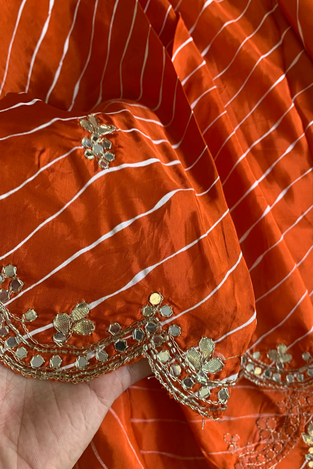 Orange Leheriya Russian Silk Saree with Gota Patti 5846 06