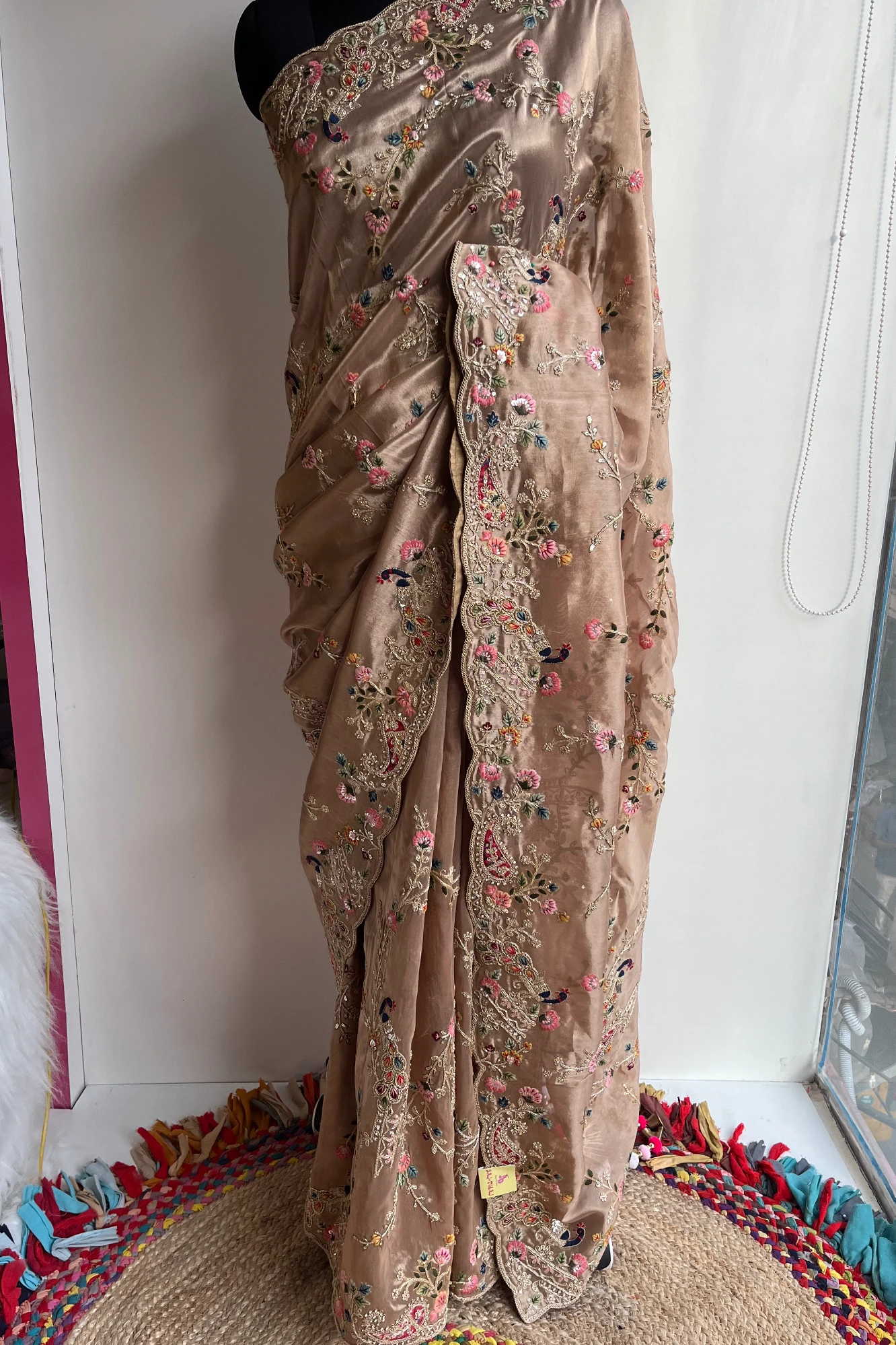 Golden Tissue Saree with Peacock Motifs, Aari Dori, Thread & Stone Work 5560 11