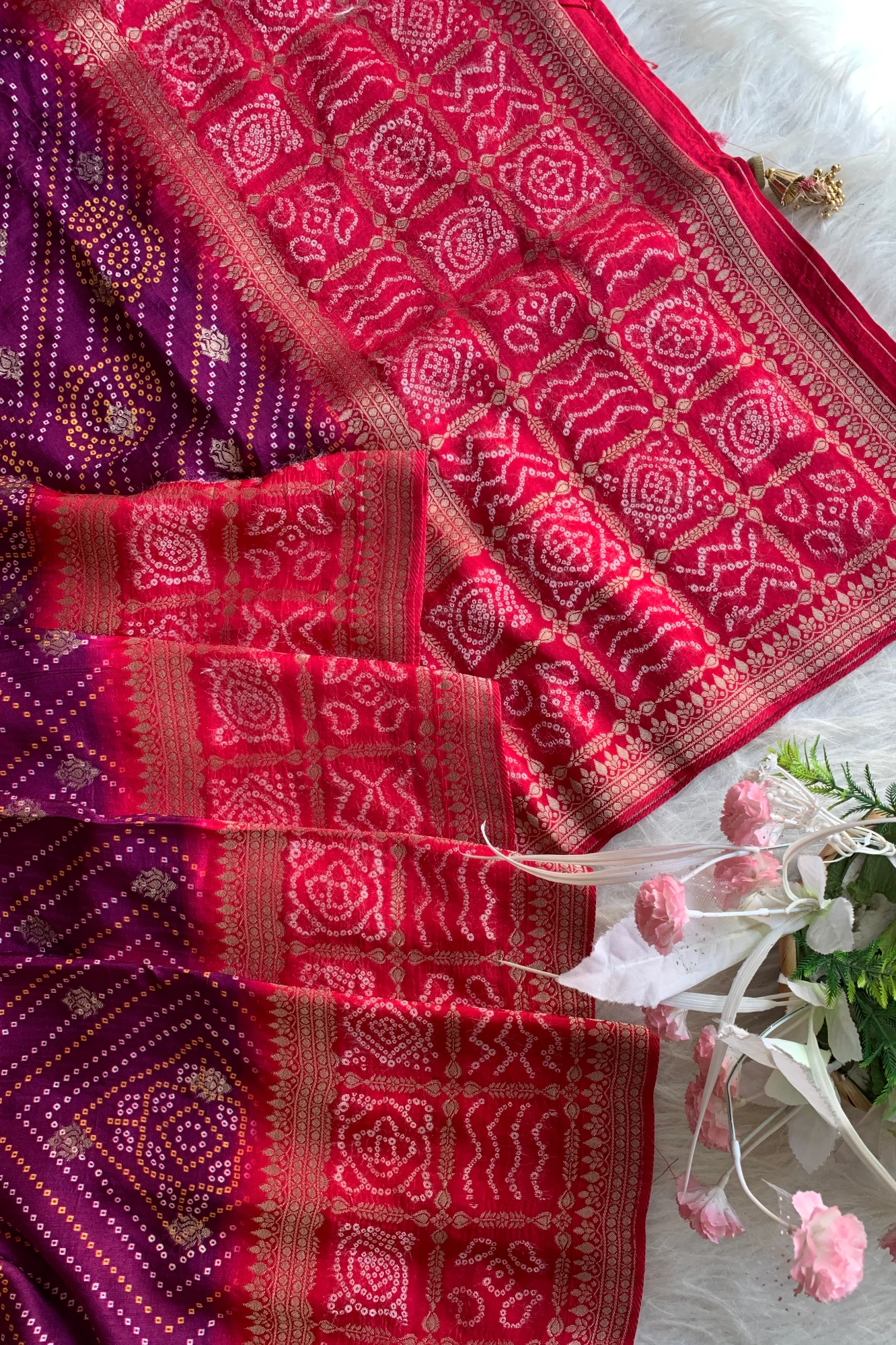 Red & Purple Bandhej Banarasi Saree 5214 06