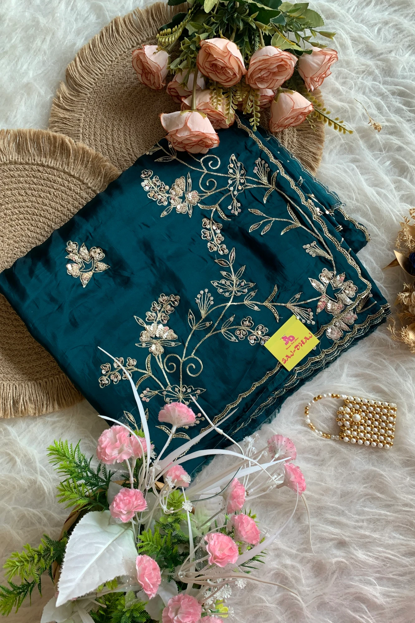 Peacock Blue Habutai Silk Saree 5765 01