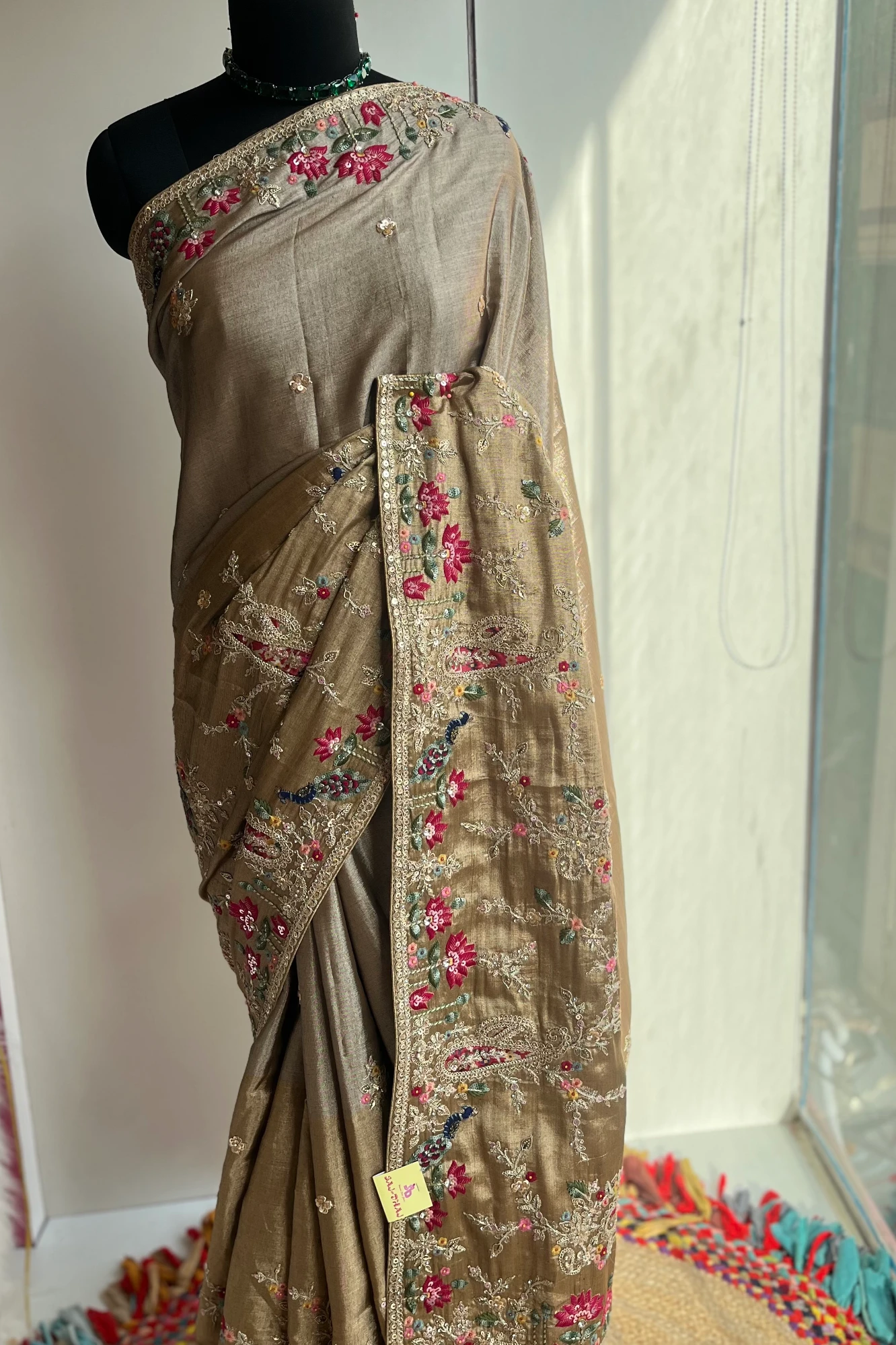 Beige Golden  Tone Kanchi Silk Saree with Peacock Motifs, Aari Dori, Thread & Stone Work 5560 08