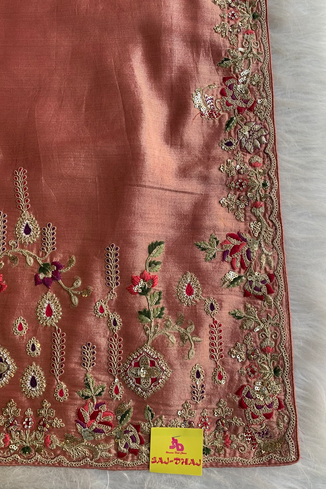 Peach Applique Embellished Tissue Saree 5729 01