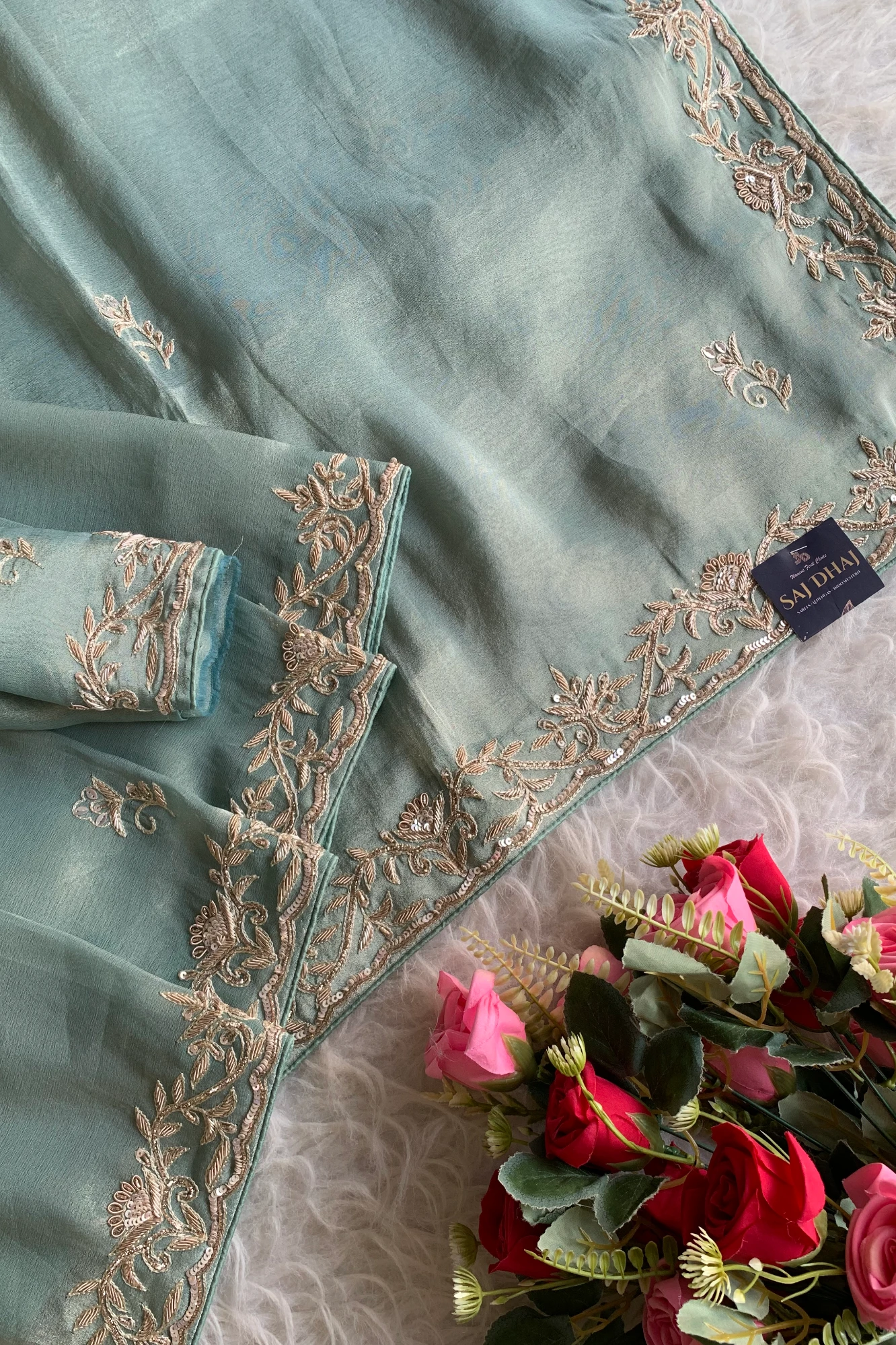 Sea Green Aari Embellished Tissue Saree 5792 02
