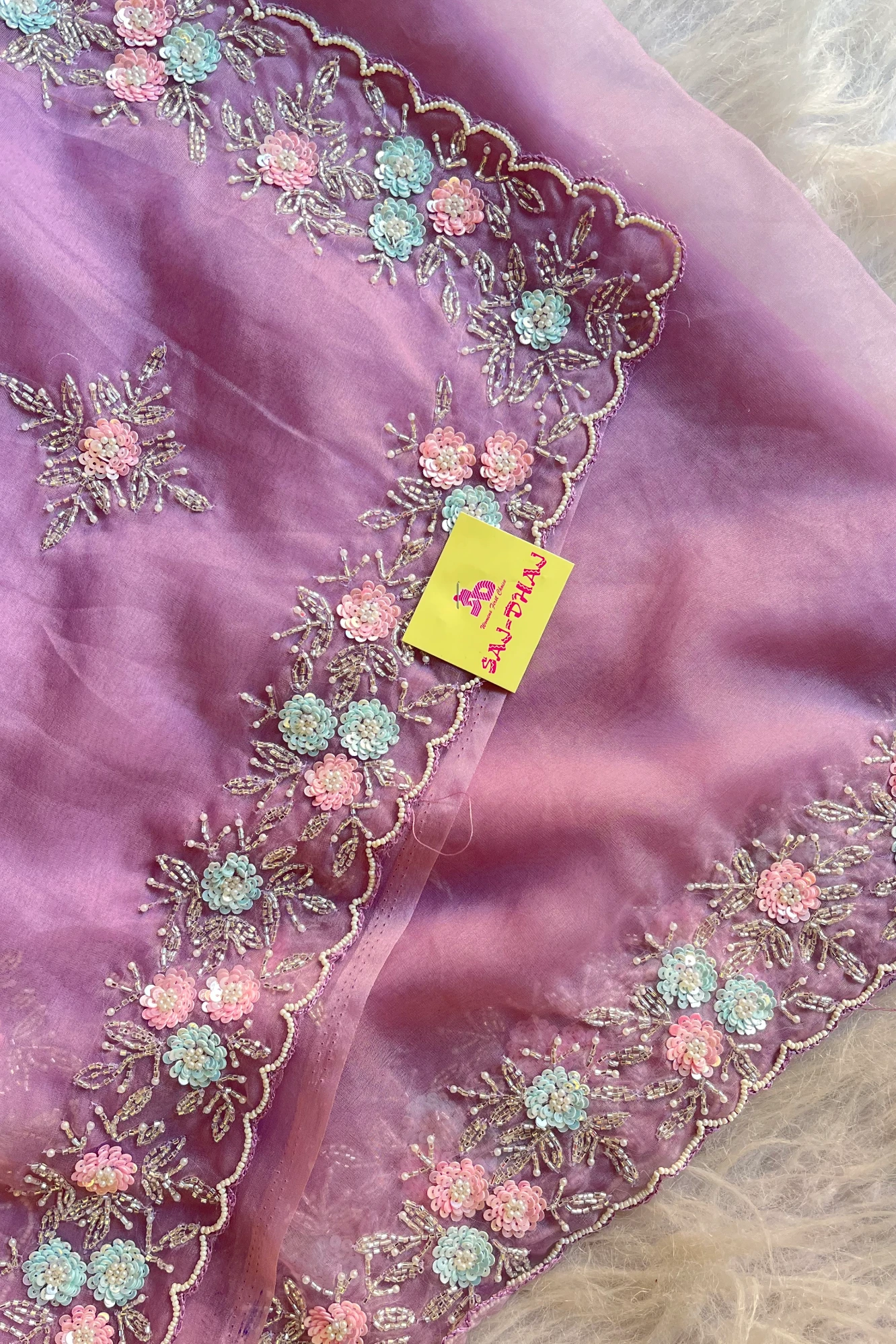 Organza Saree with Multicolour  Sequins & Cutdana | Hand Embroidered Blouse 5437 03 (Lilac)