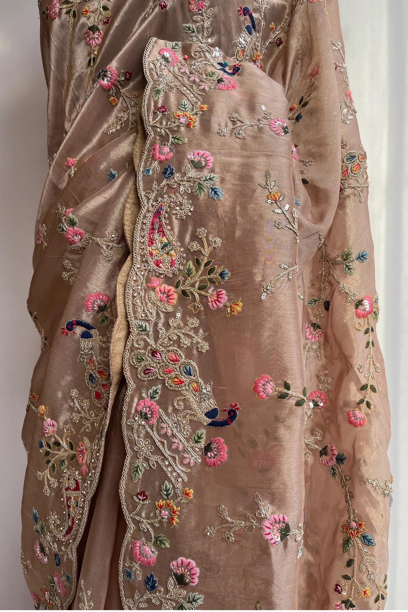 Golden Tissue Saree with Peacock Motifs, Aari Dori, Thread & Stone Work 5560 11