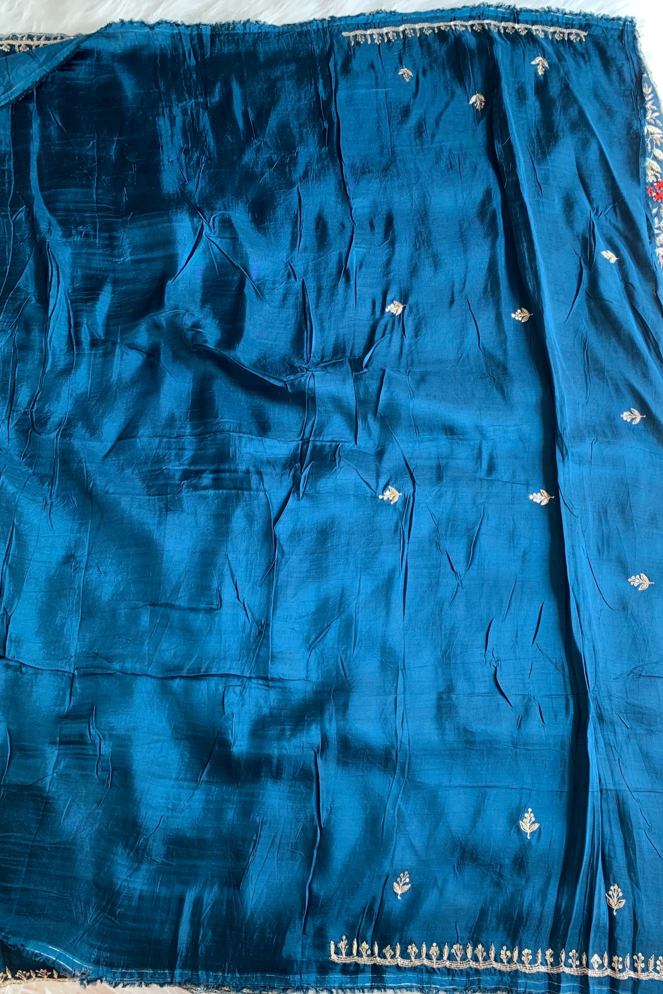 Peacock Blue Embroidered Habutai Silk Saree 5535 09