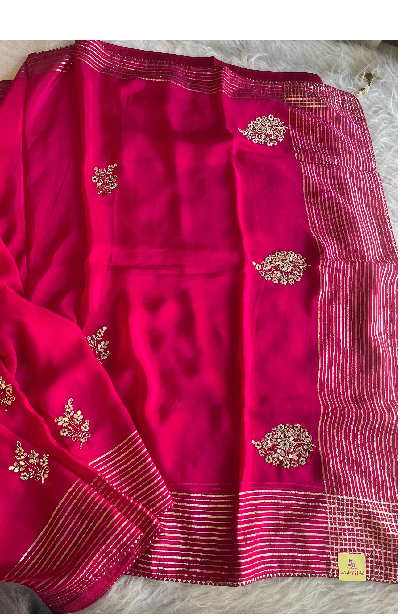 Habutai Silk Saree with Pearl Cutdana Buttis & Banarasi Border  | Matching Blouse 5440 01 (Pink)