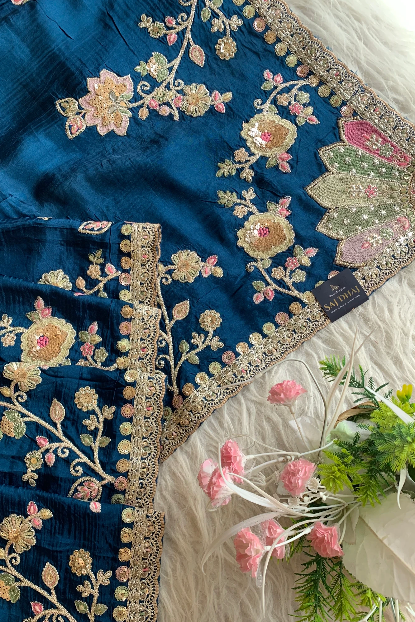 Peacock Blue Saree with Multicolour Embroidery 5786 01