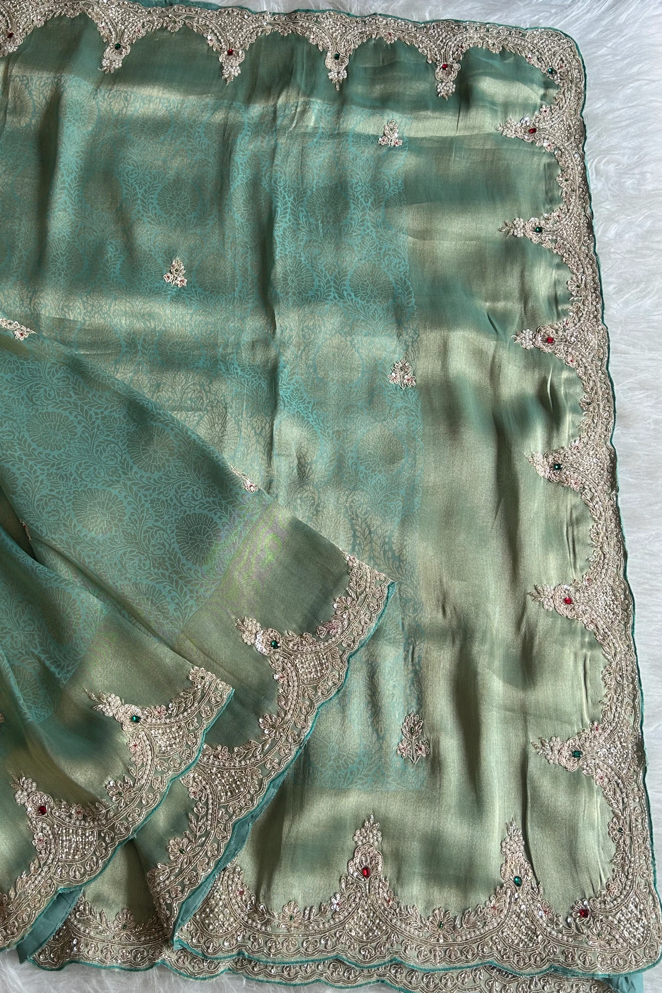 Kanchipuram Silk Saree with  Weaving, Zardosi, Sequins & Gem Embellishments 5650 12 (Green)