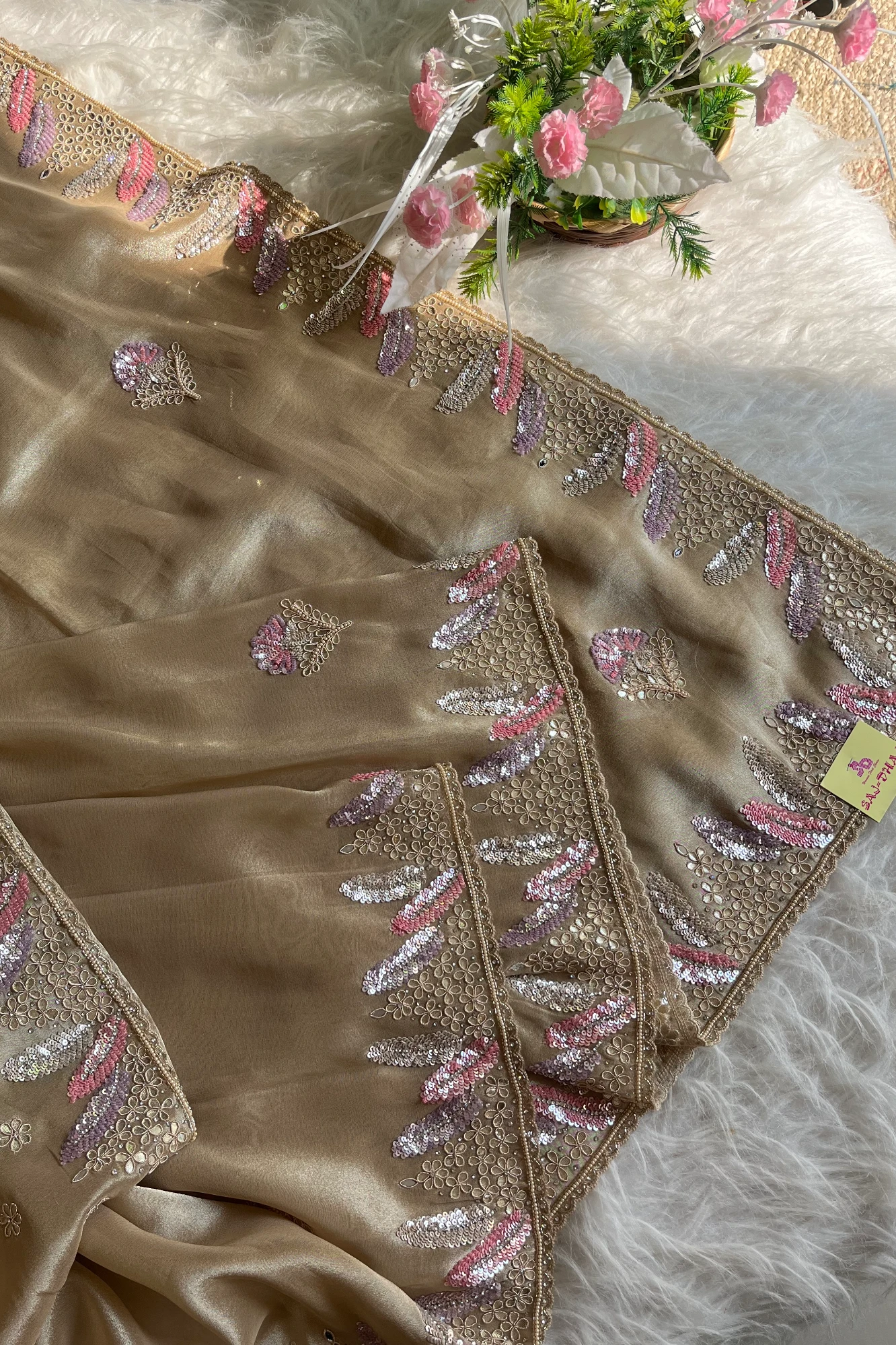 Beige  Designer Tissue Saree 5518 11