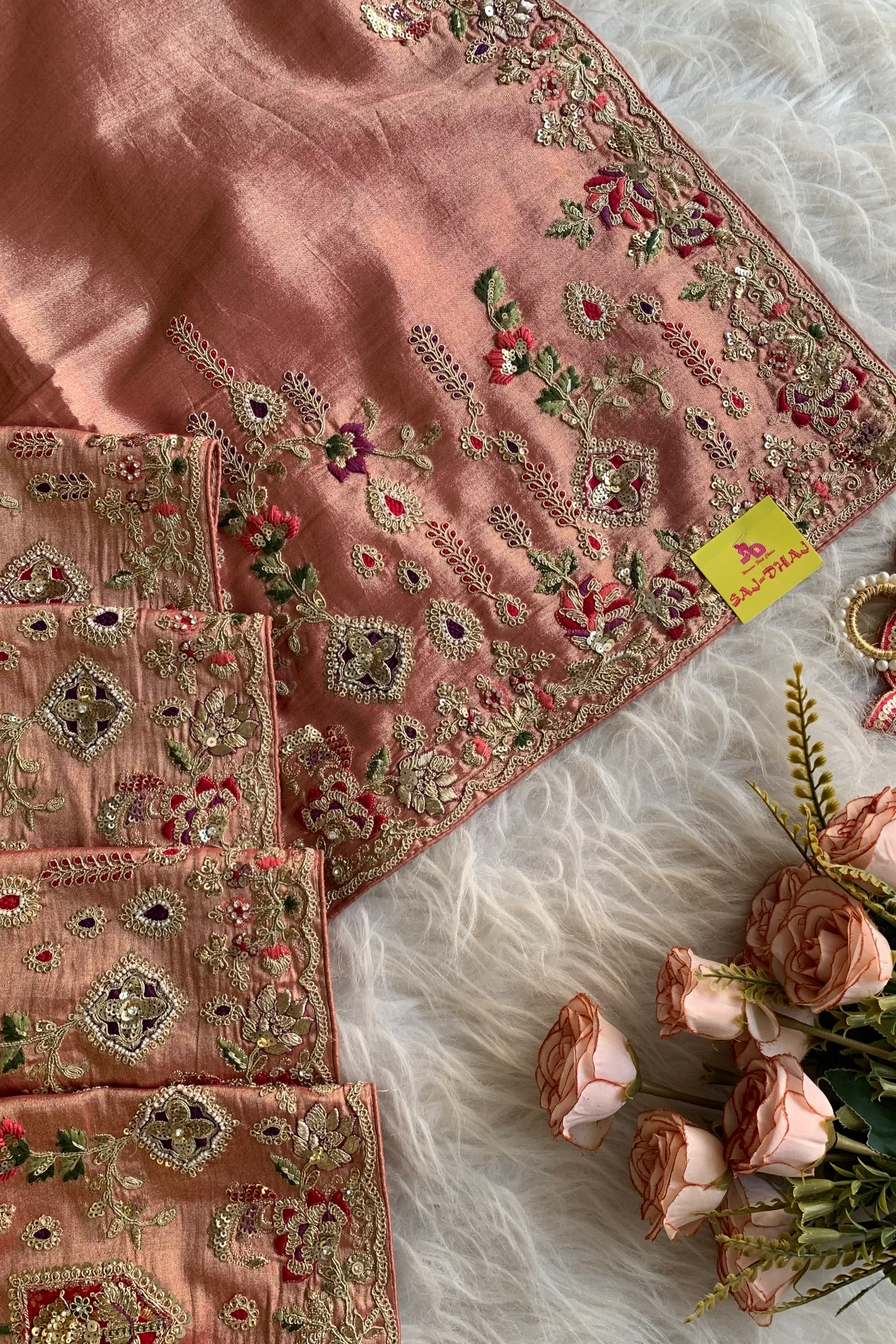 Peach Applique Embellished Tissue Saree 5729 01