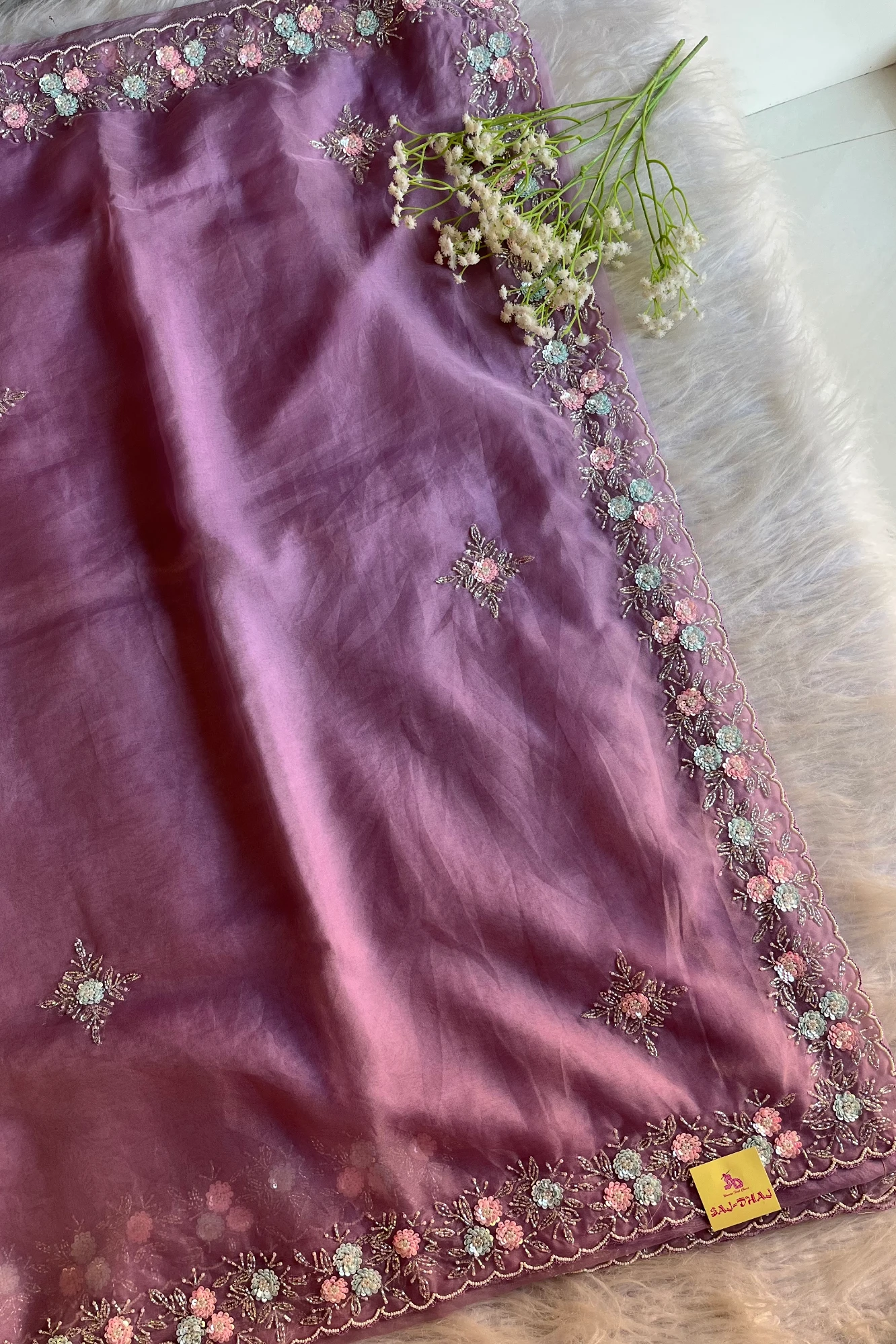 Organza Saree with Multicolour  Sequins & Cutdana | Hand Embroidered Blouse 5437 03 (Lilac)