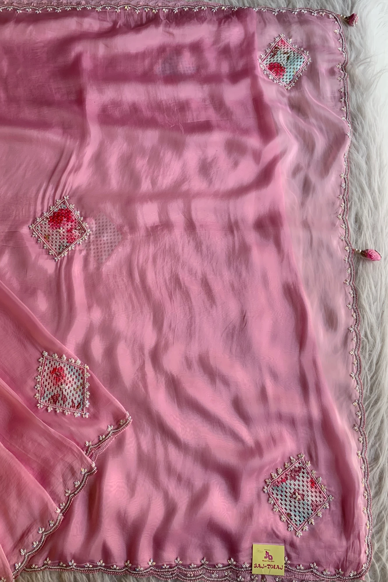 Baby Pink Crochet Designed Habutai Silk Saree 5367 01