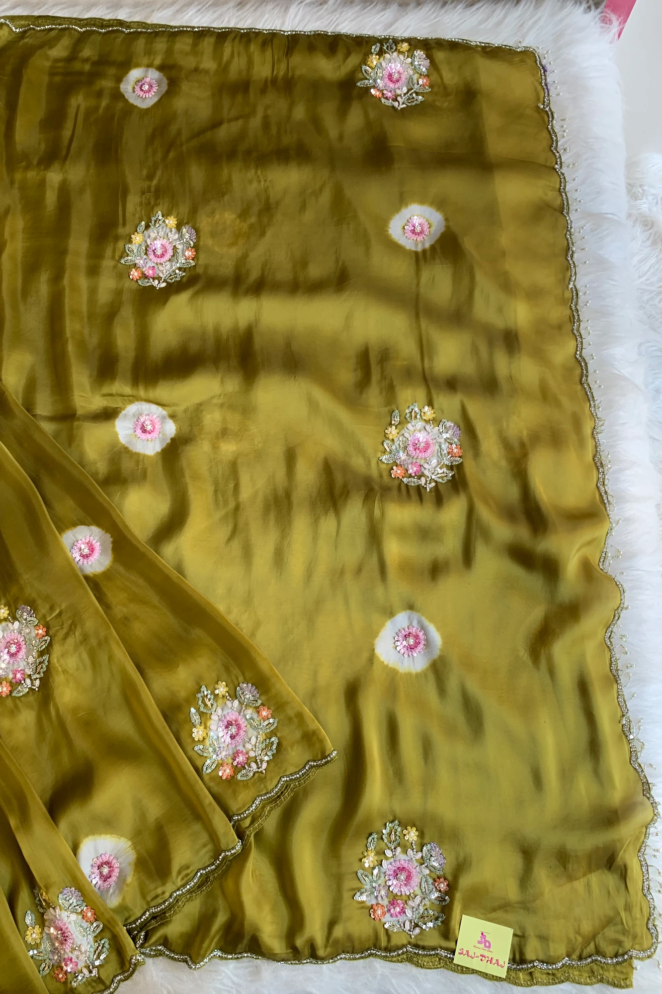 Olive Green Tie-Dye Habutai Silk Saree 5650 02