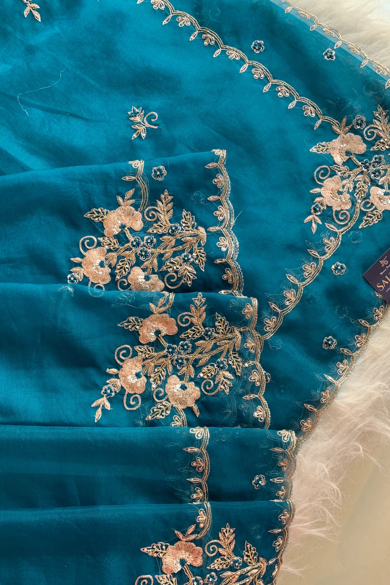 Peacock Blue Soft Organza Saree 5850 04