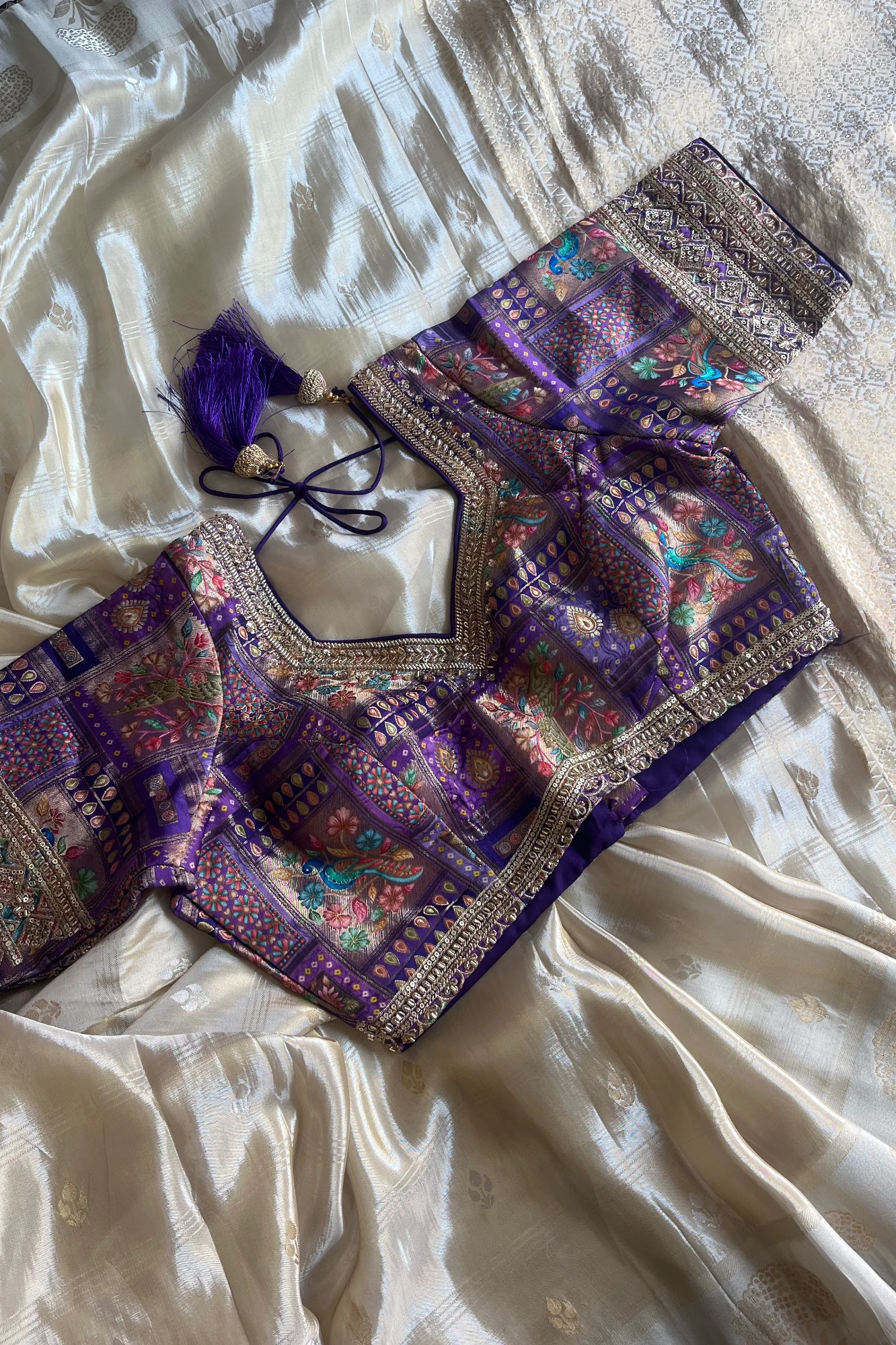 Ivory Banarasi Saree with Purple Jamawar Blouse