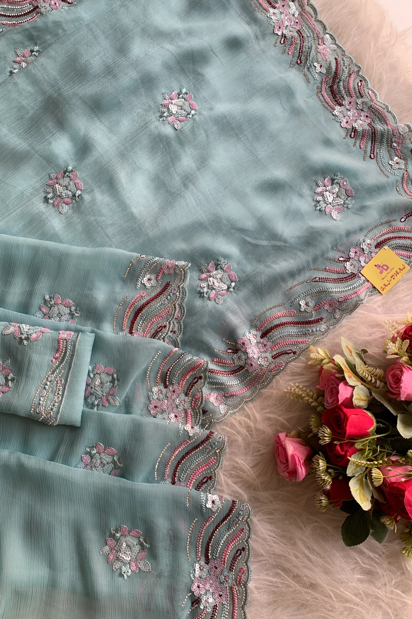 Sea Blue Embroidered Chinnon Georgette Saree 4894 01