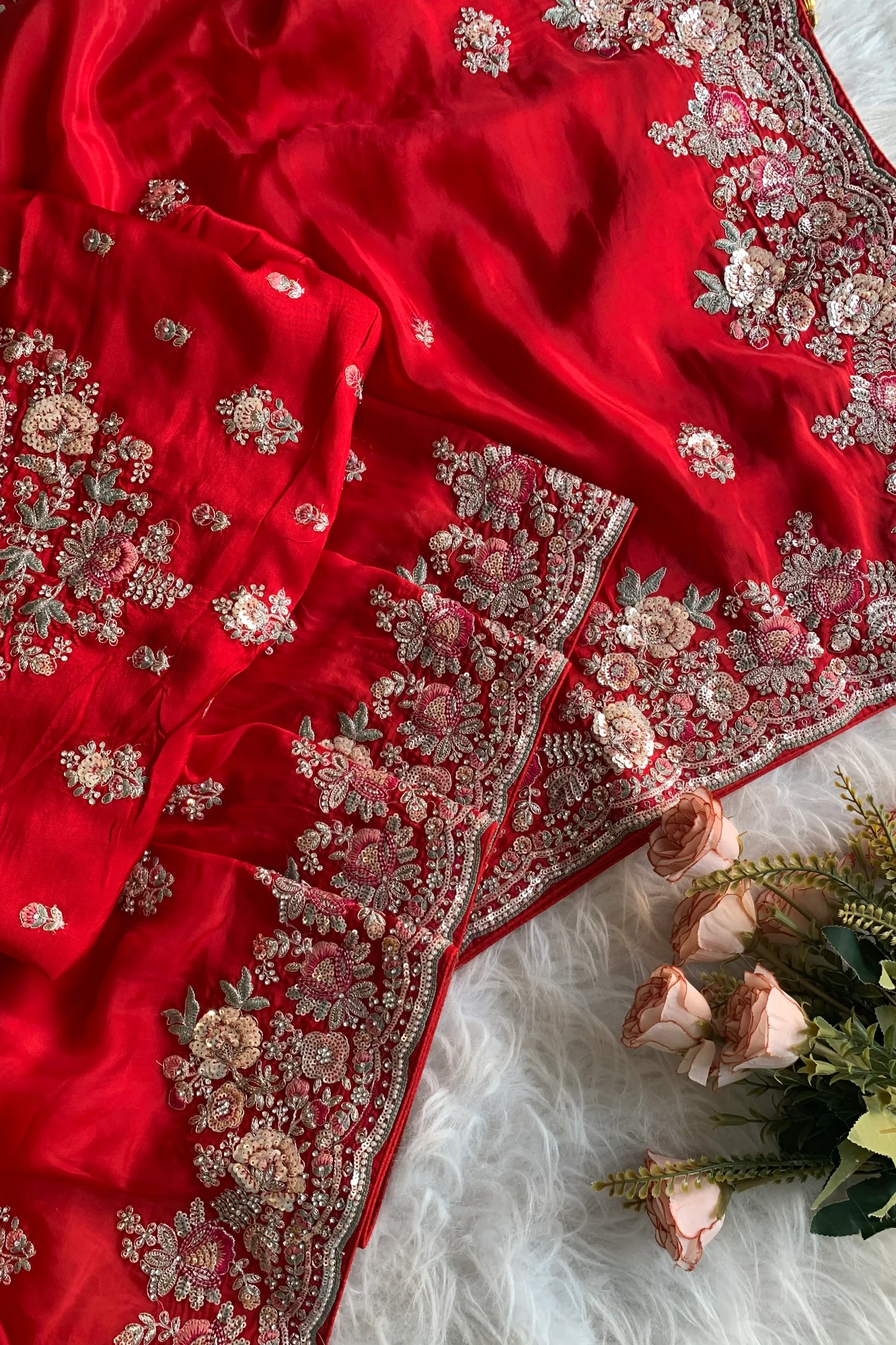 Red Floral Dori Habutai Silk Saree 5662 10