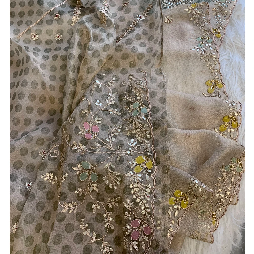 Gota Patti Organza Saree with Tie Dye Effect (beige+Green) 5838 01