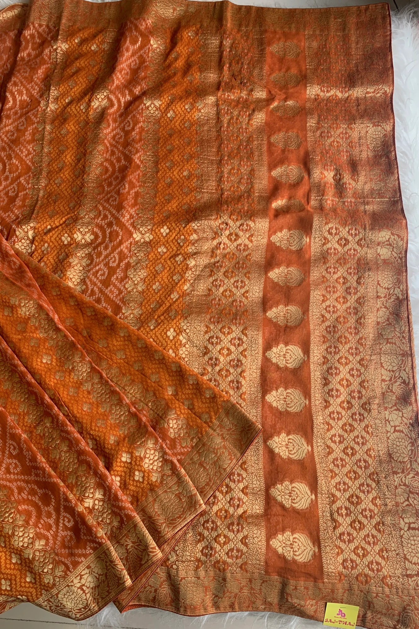 Rust Orange Banarasi Bandhej Saree